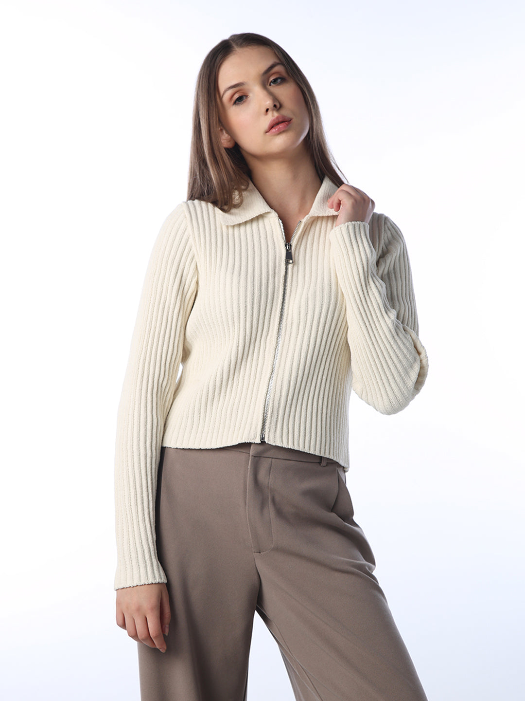 Ribbed Zip Polo Cardigan - Cream