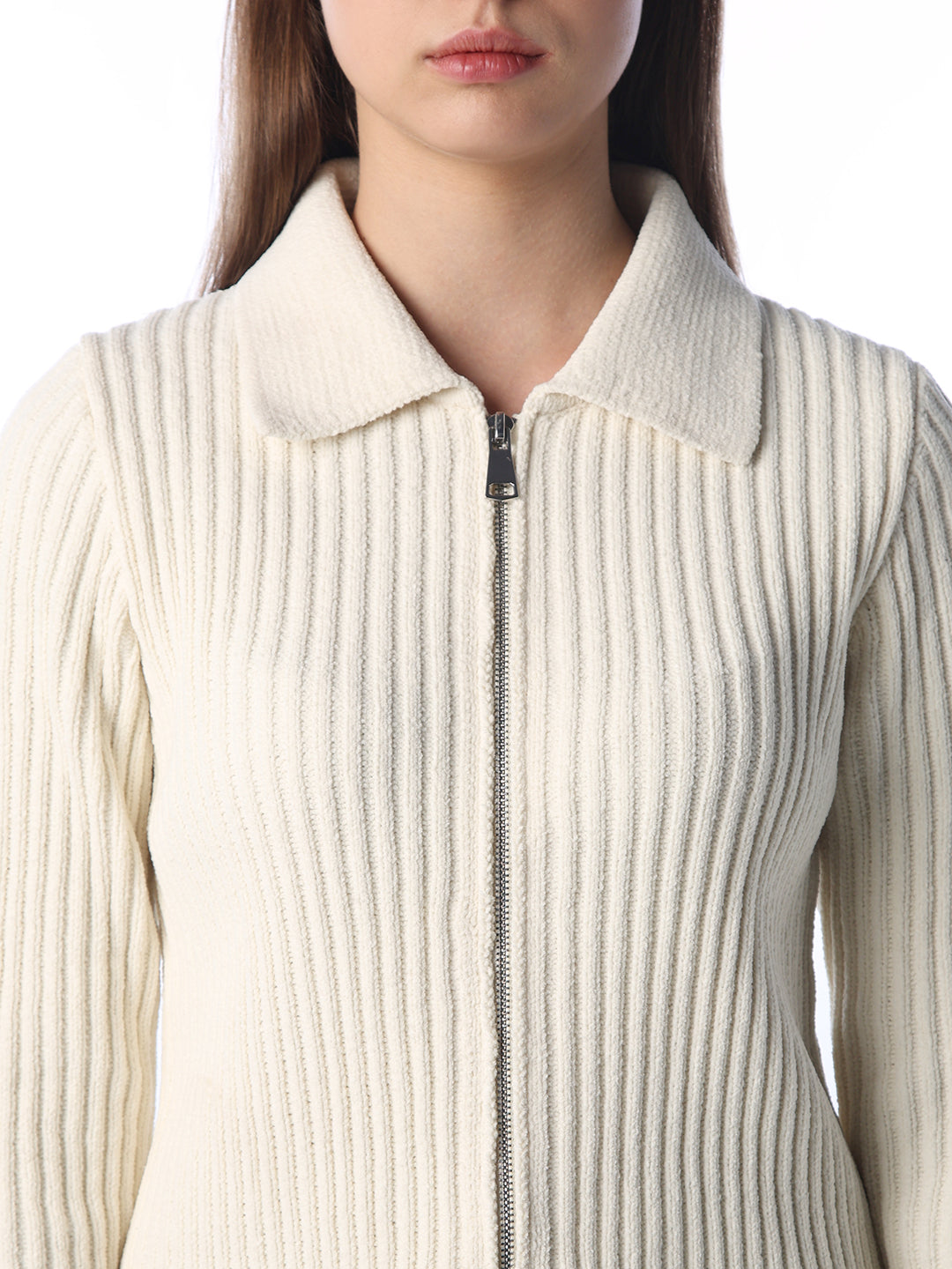 Ribbed Zip Polo Cardigan - Cream