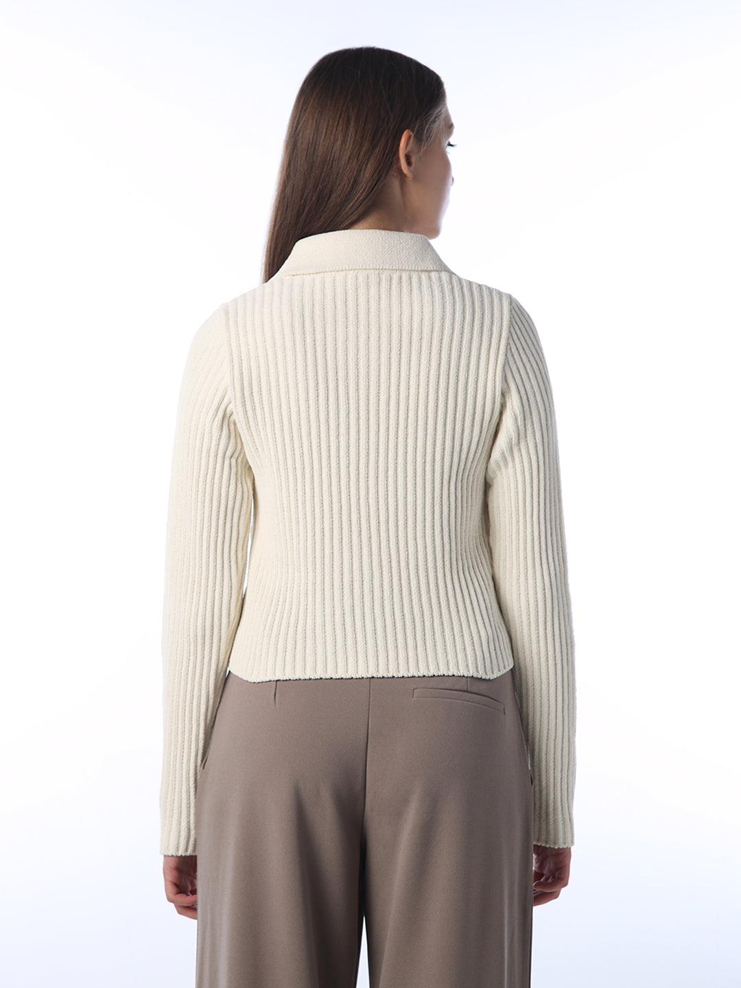 Ribbed Zip Polo Cardigan - Cream