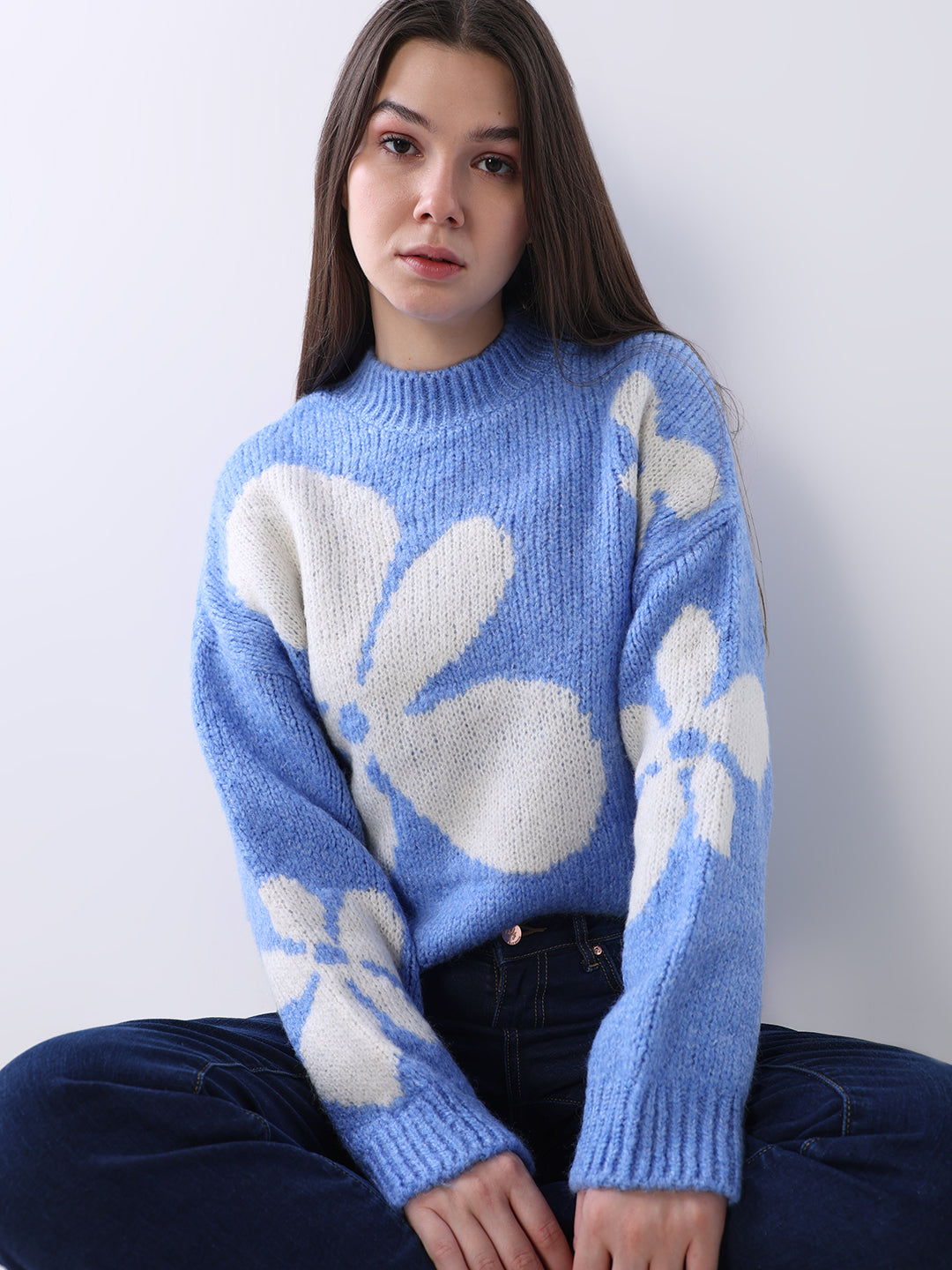 Floral Jacquard Chunky Pullover - Blue