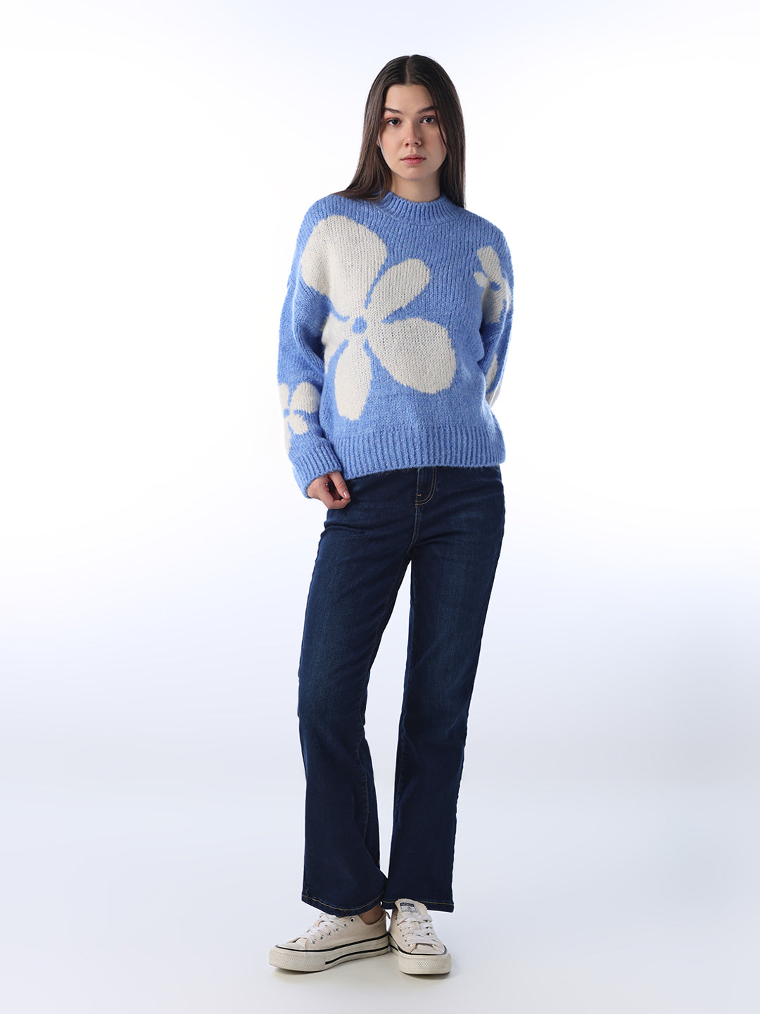 Floral Jacquard Chunky Pullover - Blue
