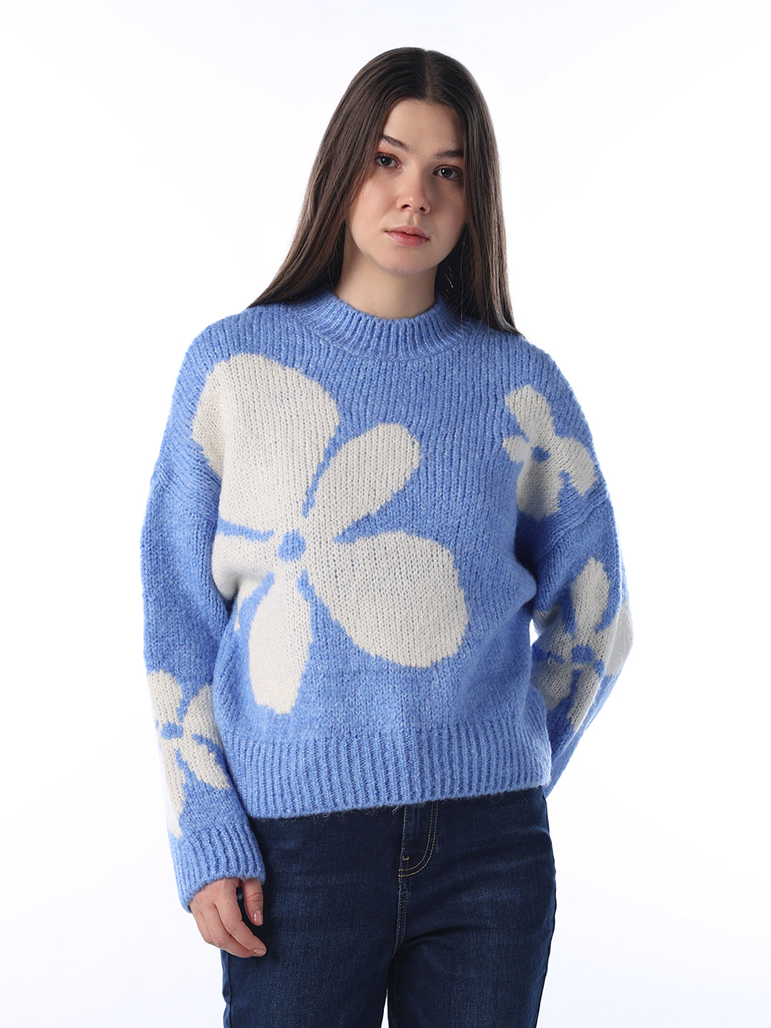 Floral Jacquard Chunky Pullover - Blue