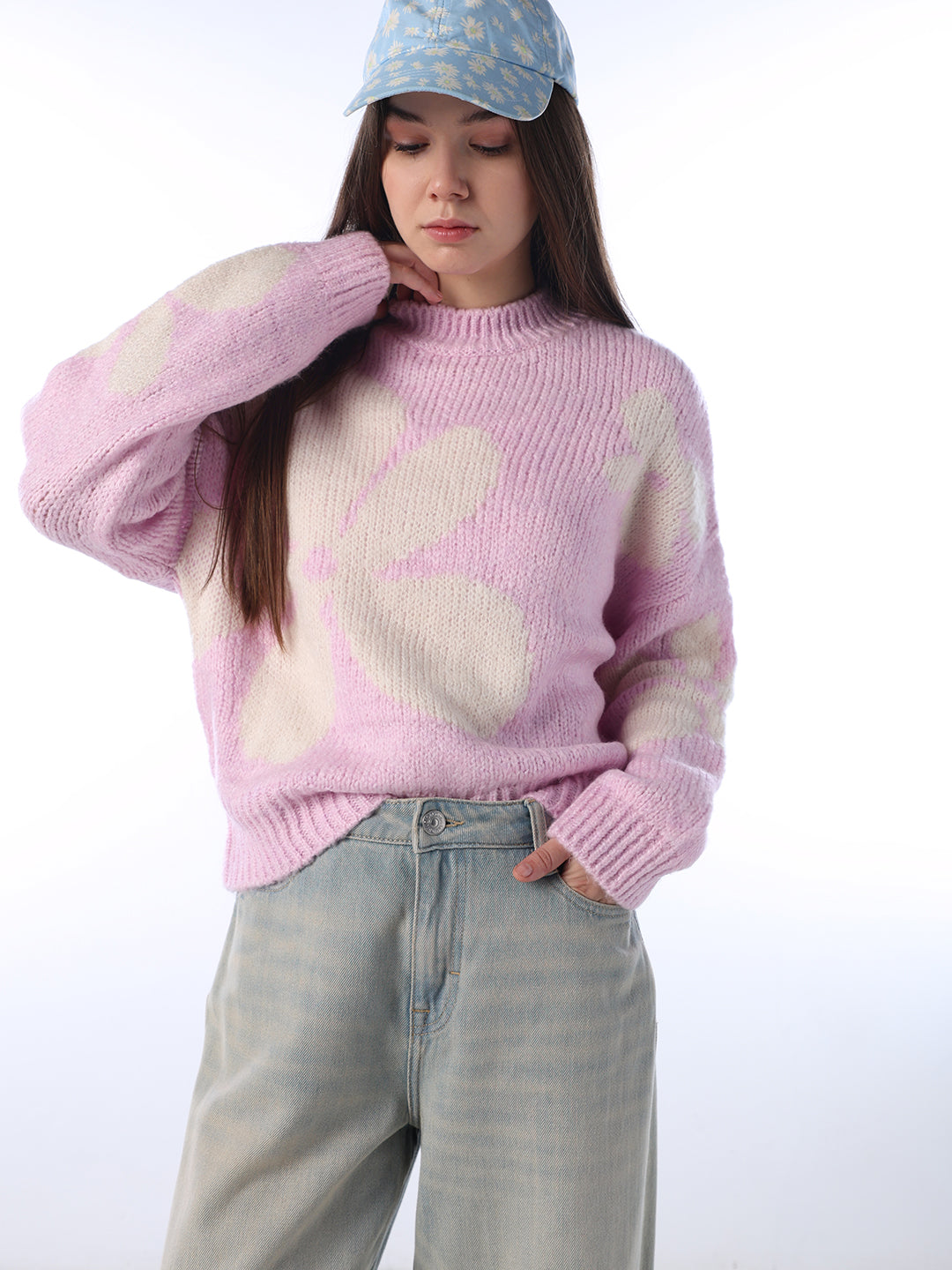 Floral Jacquard Chunky Pullover - Pink