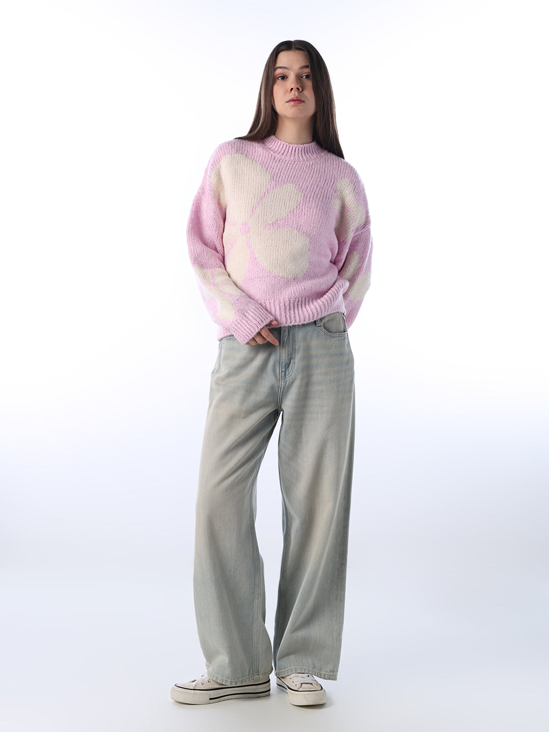 Floral Jacquard Chunky Pullover - Pink