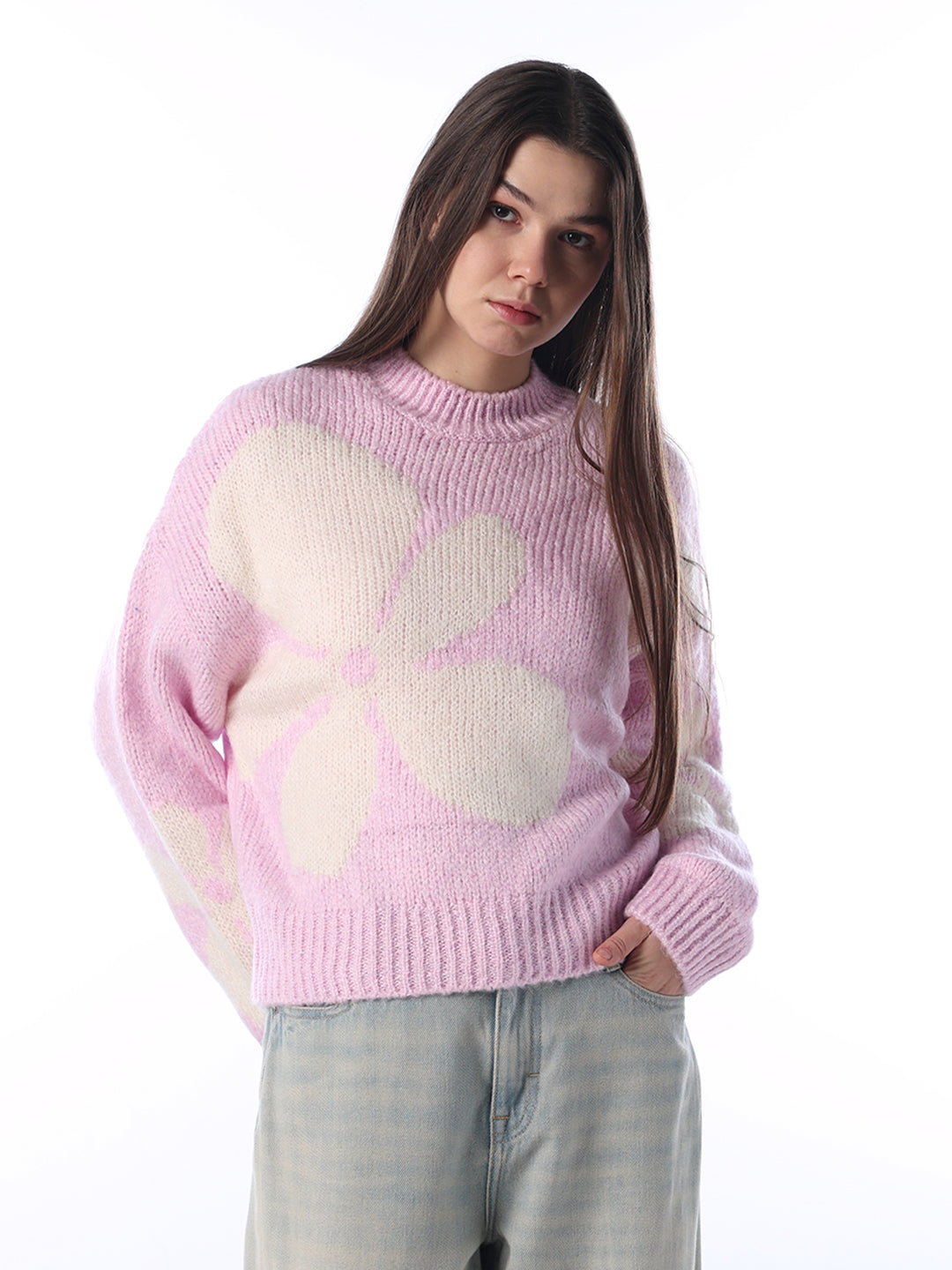 Floral Jacquard Chunky Pullover - Pink