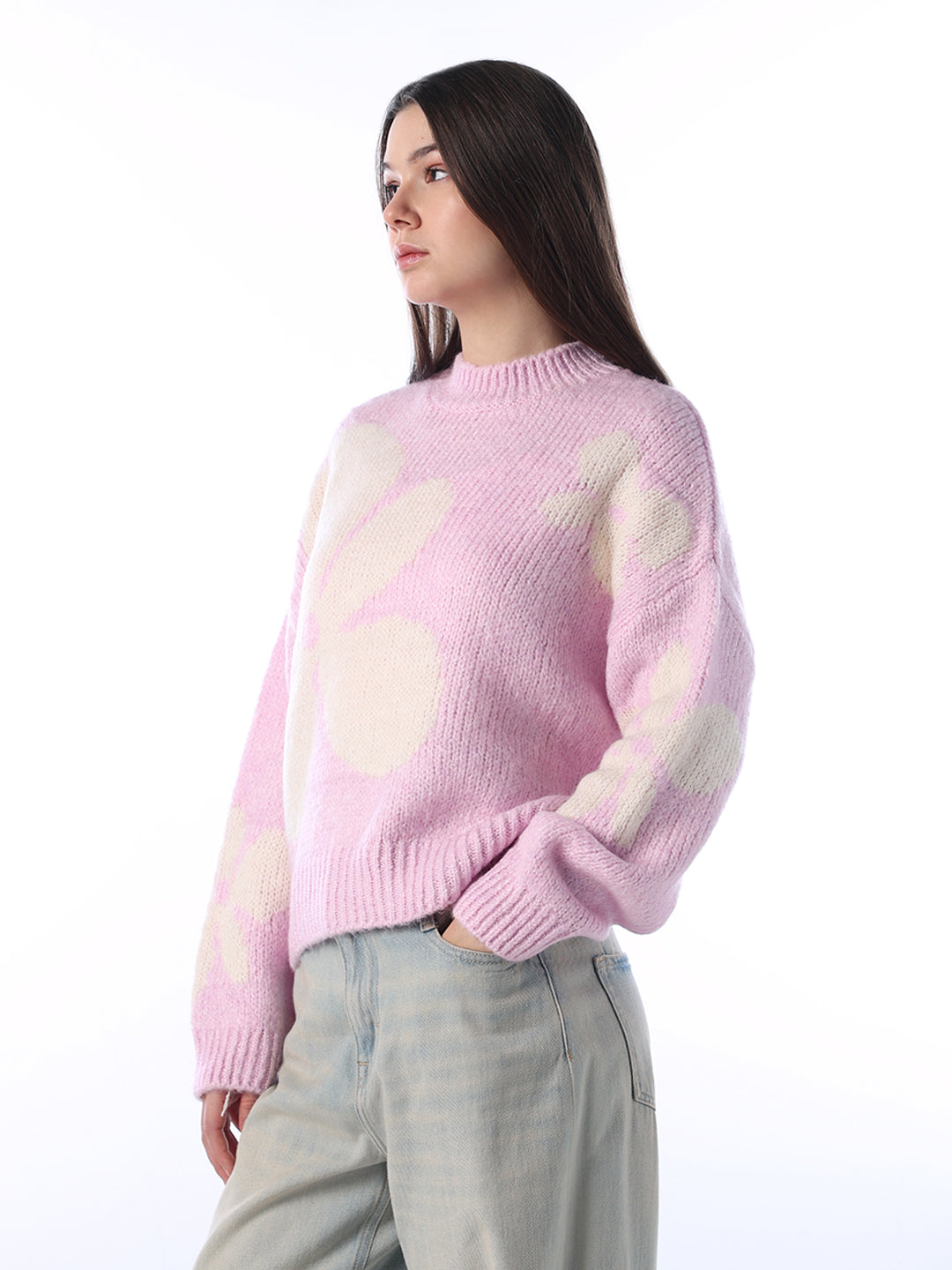 Floral Jacquard Chunky Pullover - Pink