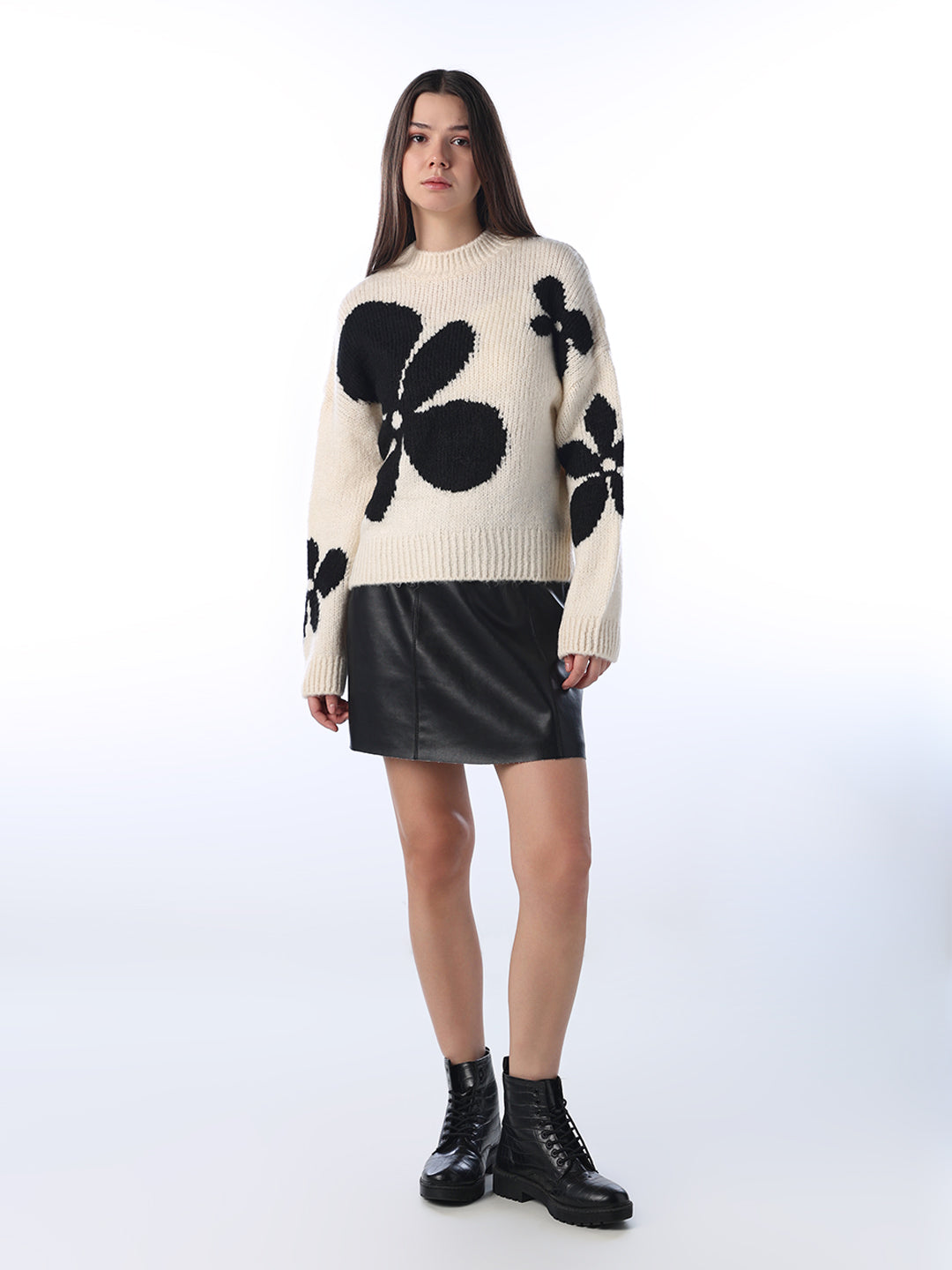 Floral Jacquard Chunky Pullover - Cream