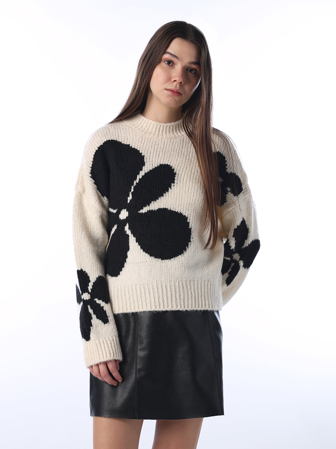 Floral Jacquard Chunky Pullover - Cream