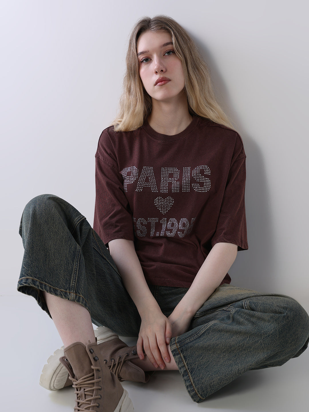Rhinestone Detail Boxy T-shirt - XS