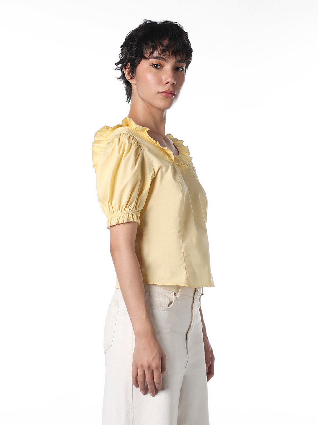 mamu♡FRILL MELLOW BLOUSE Yellow Frill-Trim Top