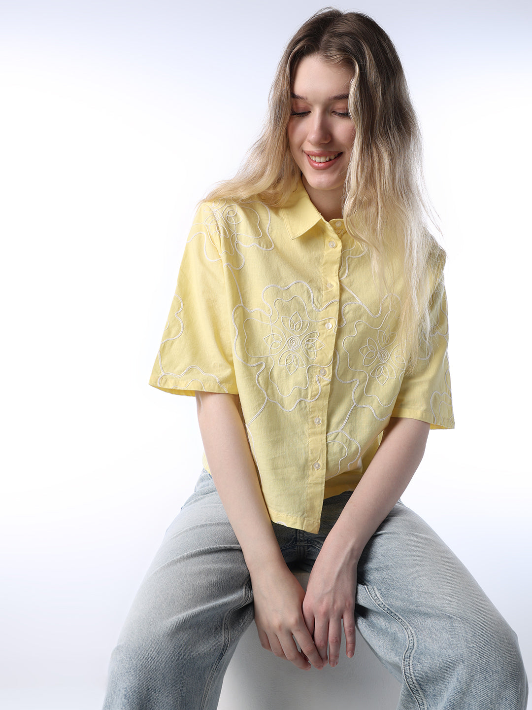 Yellow Embroidered Cotton Shirt