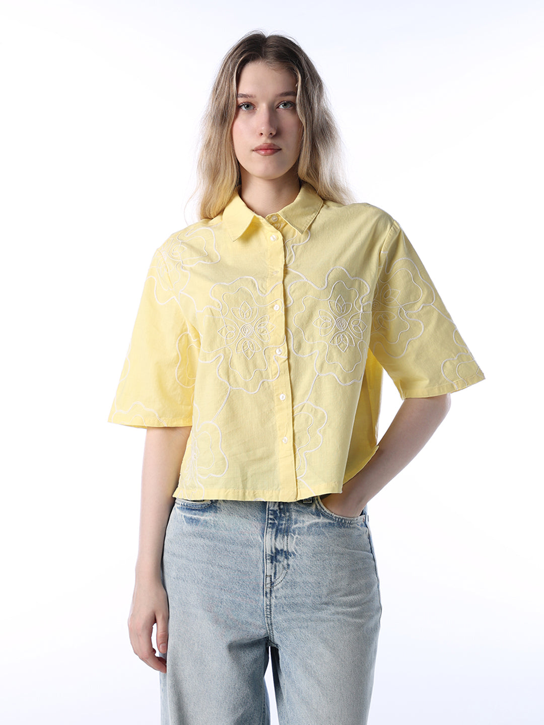 Yellow Embroidered Cotton Shirt
