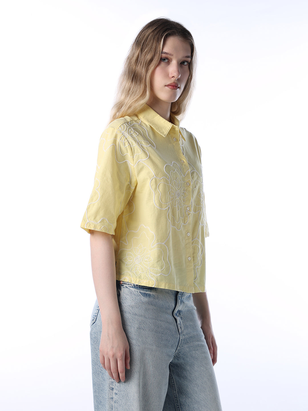 Yellow Embroidered Cotton Shirt