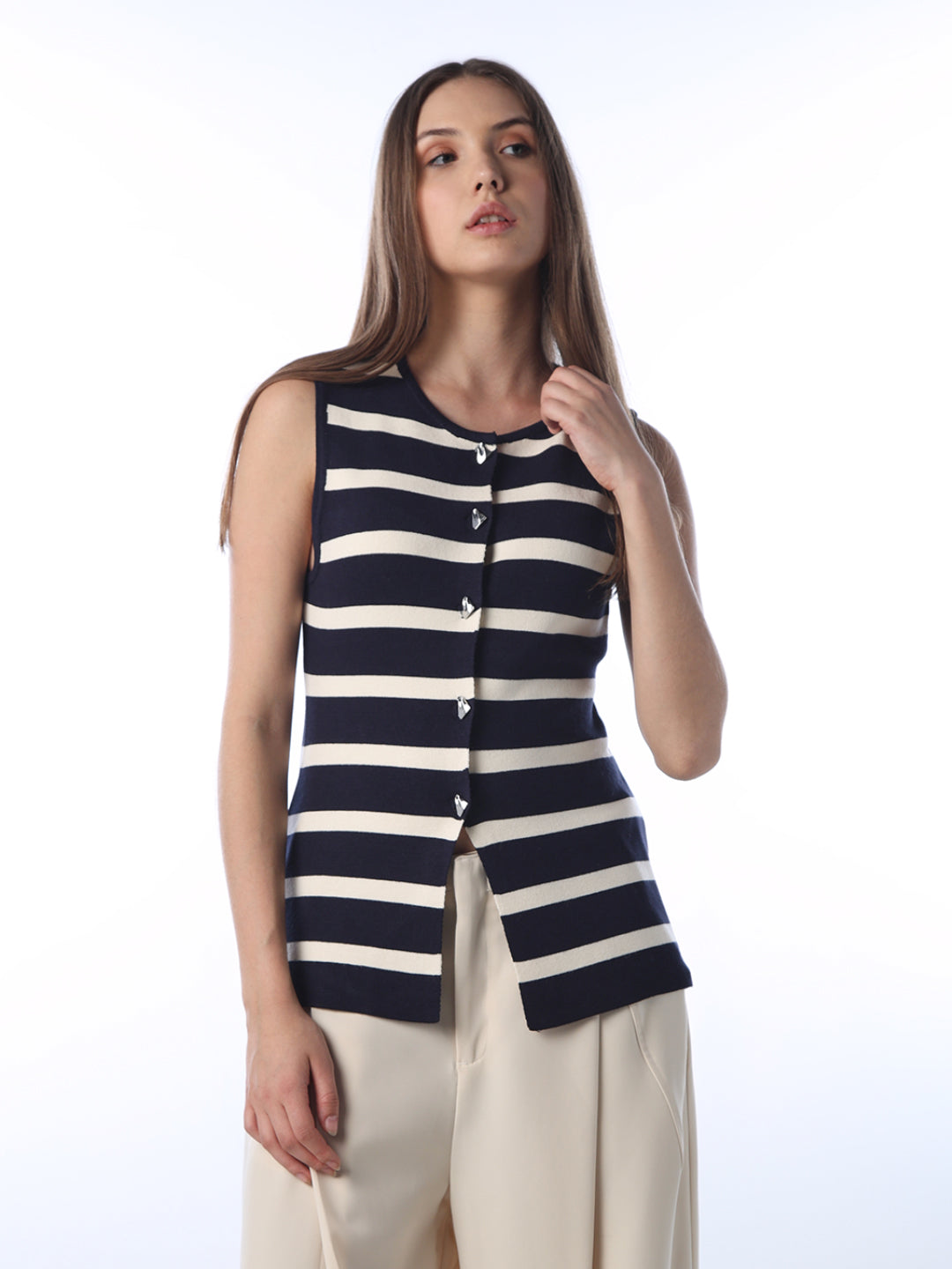 Button-Down Striped Long Vest Top