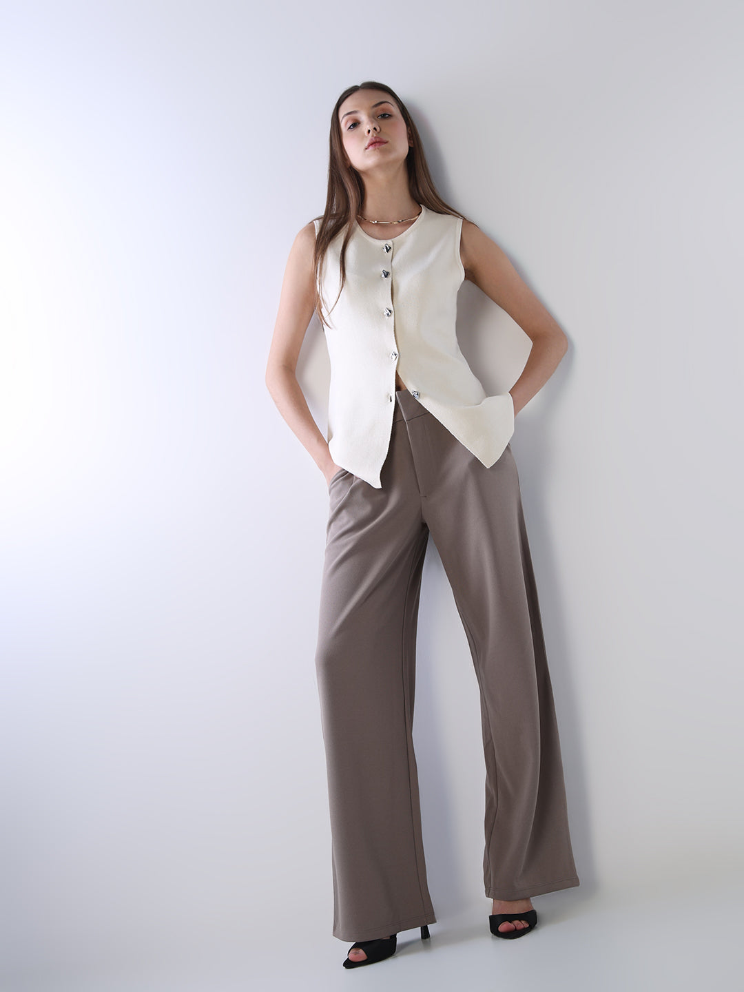 Tailored Wide Leg Pants - Brown