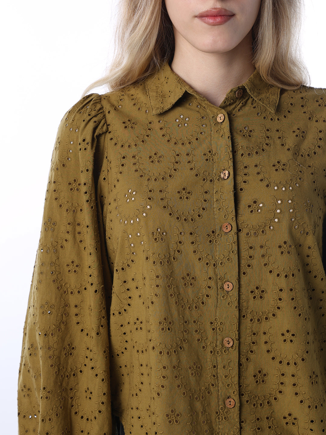 Olive Cotton Schiffli Shirt