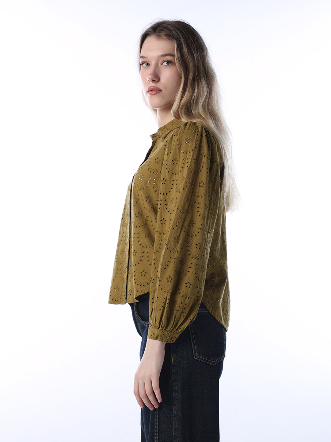 Olive Cotton Schiffli Shirt