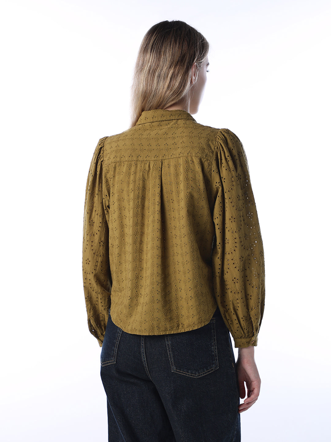 Olive Cotton Schiffli Shirt