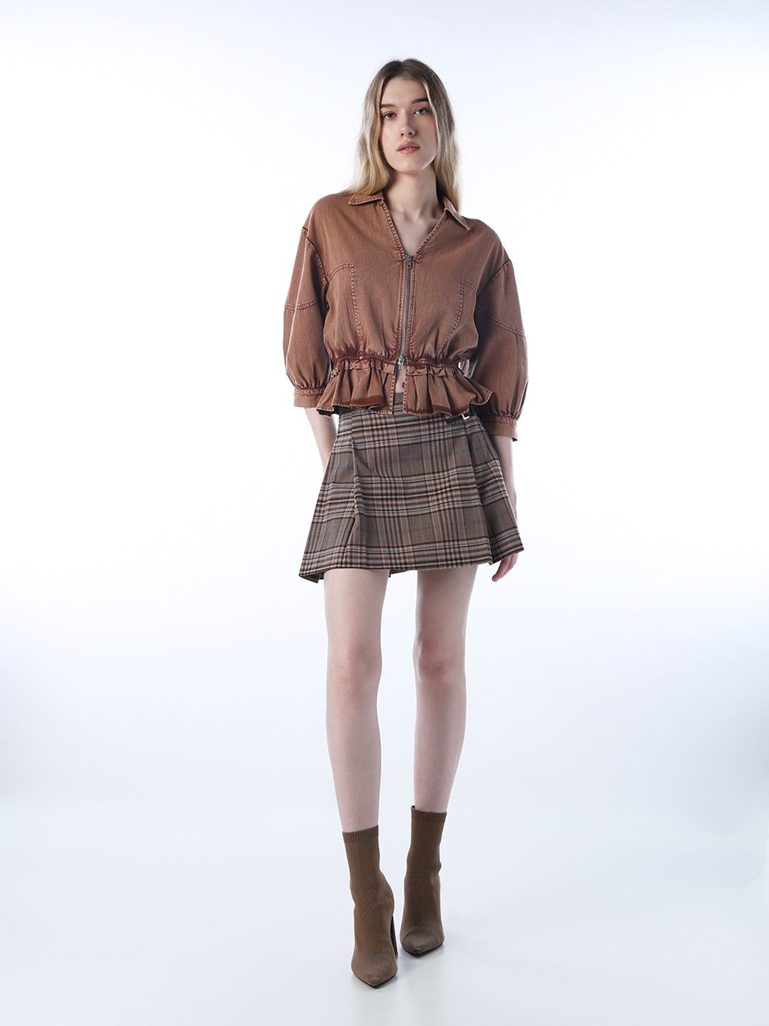 Vintage Washed Zip-Up Shirt- Brown