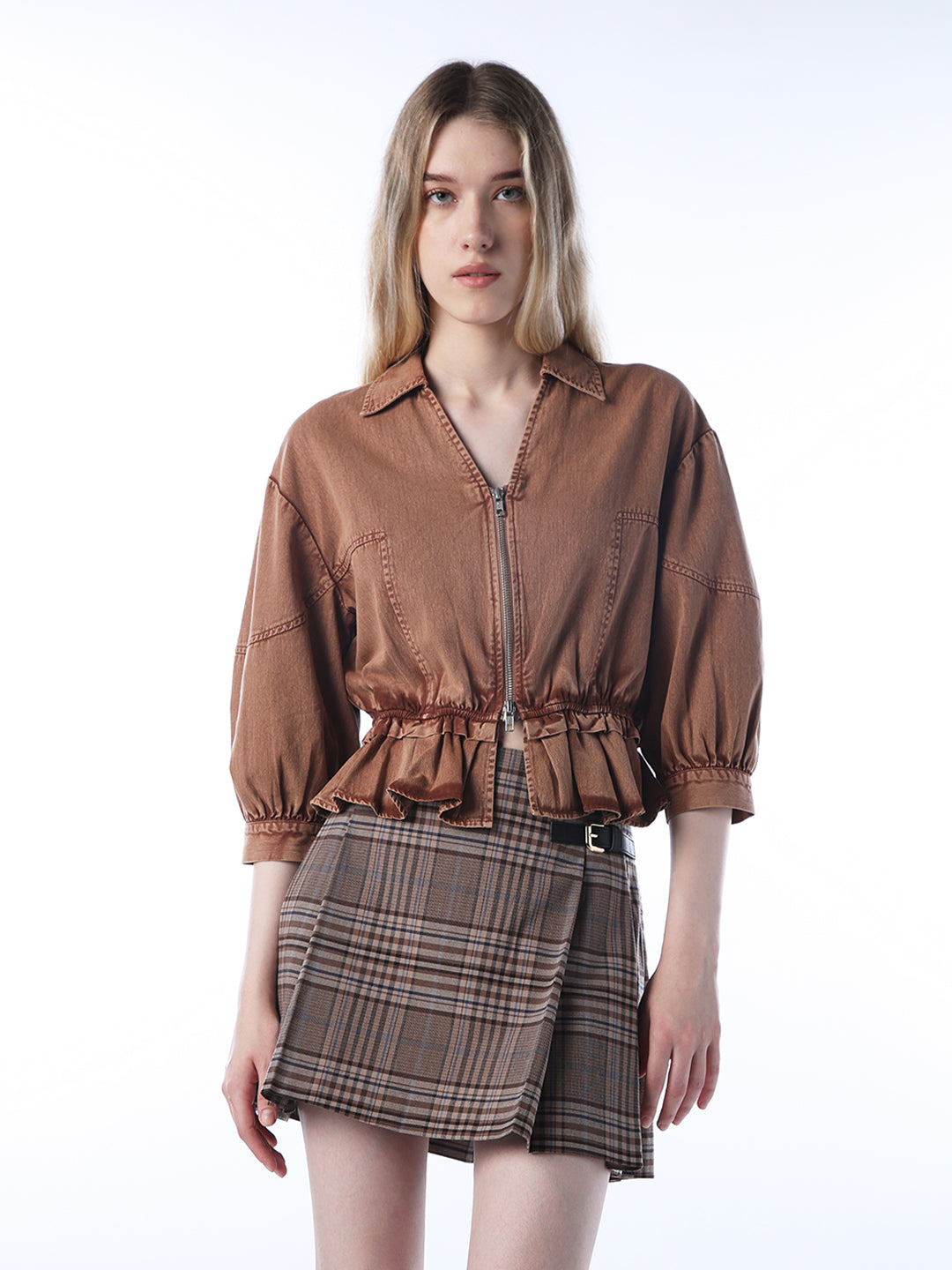 Vintage Washed Zip-Up Shirt- Brown