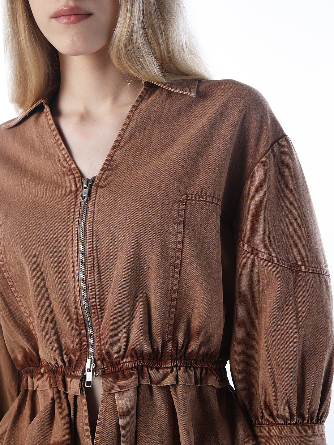 Vintage Washed Zip-Up Shirt- Brown