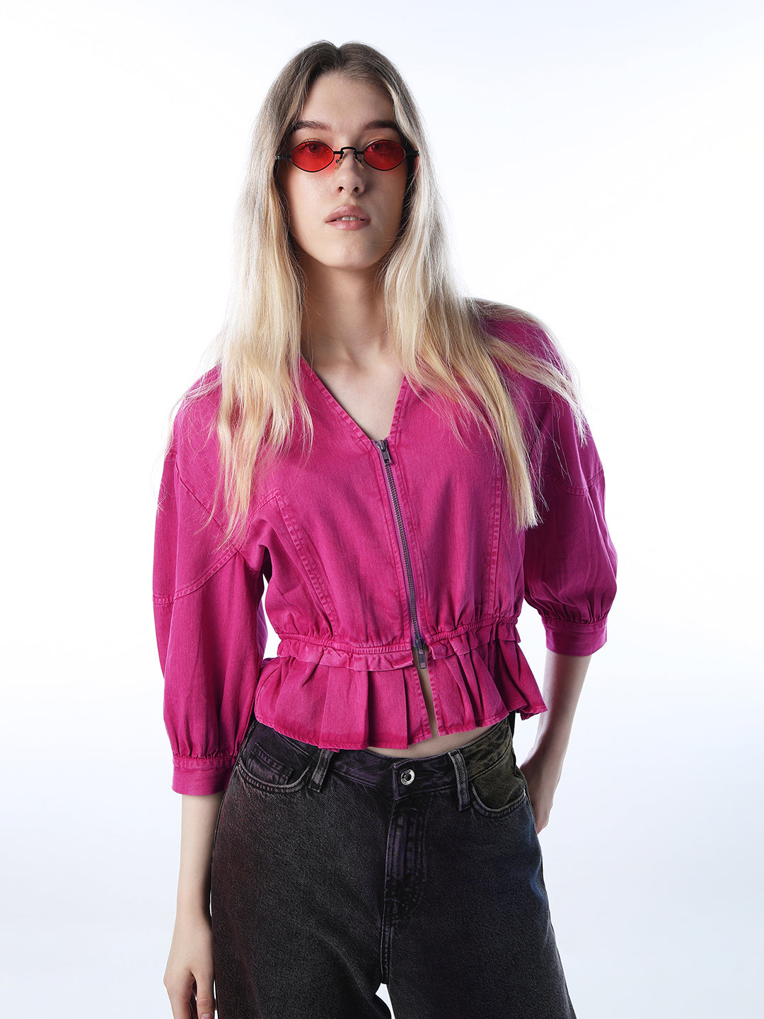 Vintage Washed Zip-Up Shirt - Pink