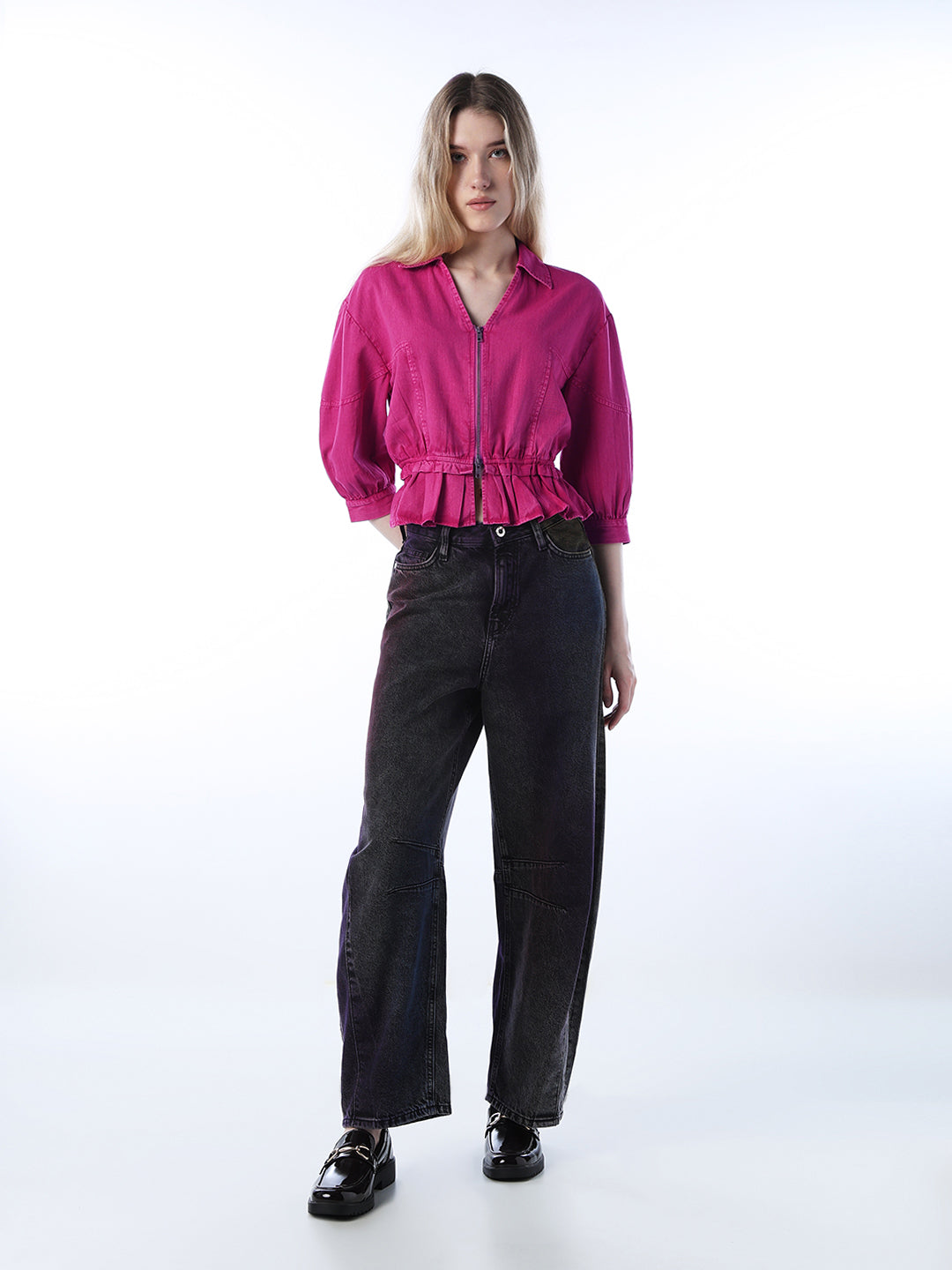 Vintage Washed Zip-Up Shirt - Pink