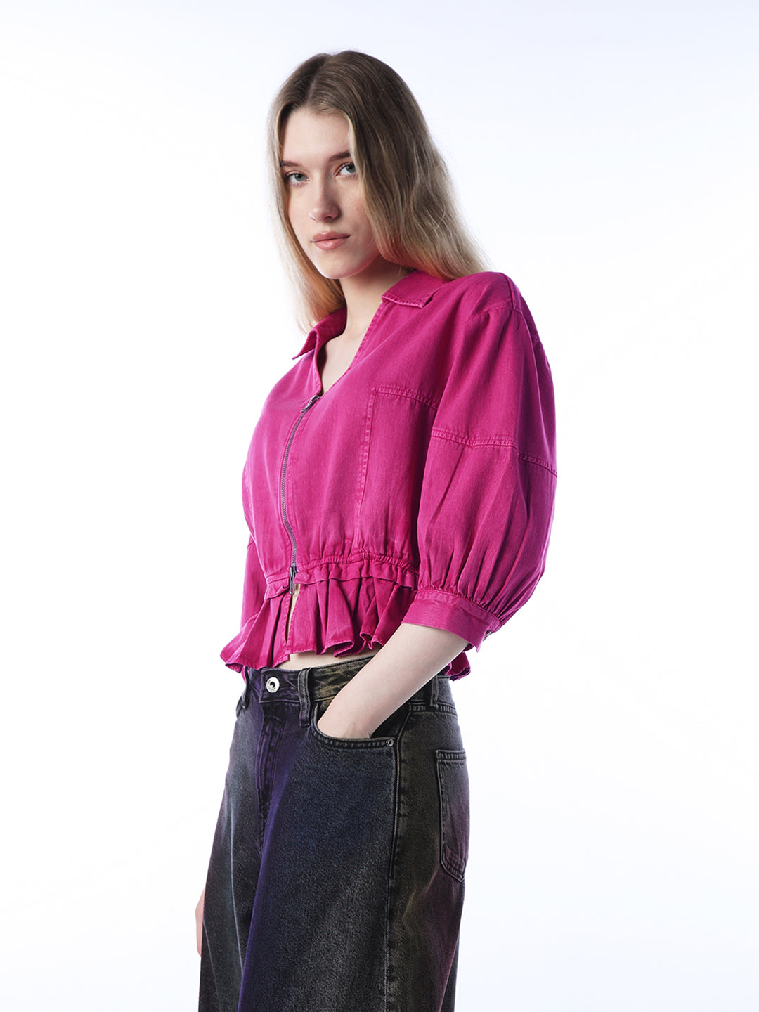 Vintage Washed Zip-Up Shirt - Pink