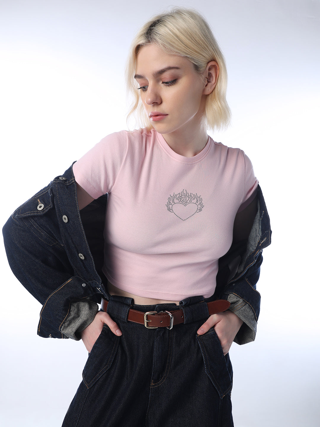 Cropped Fitted T-shirt - Pink - XS