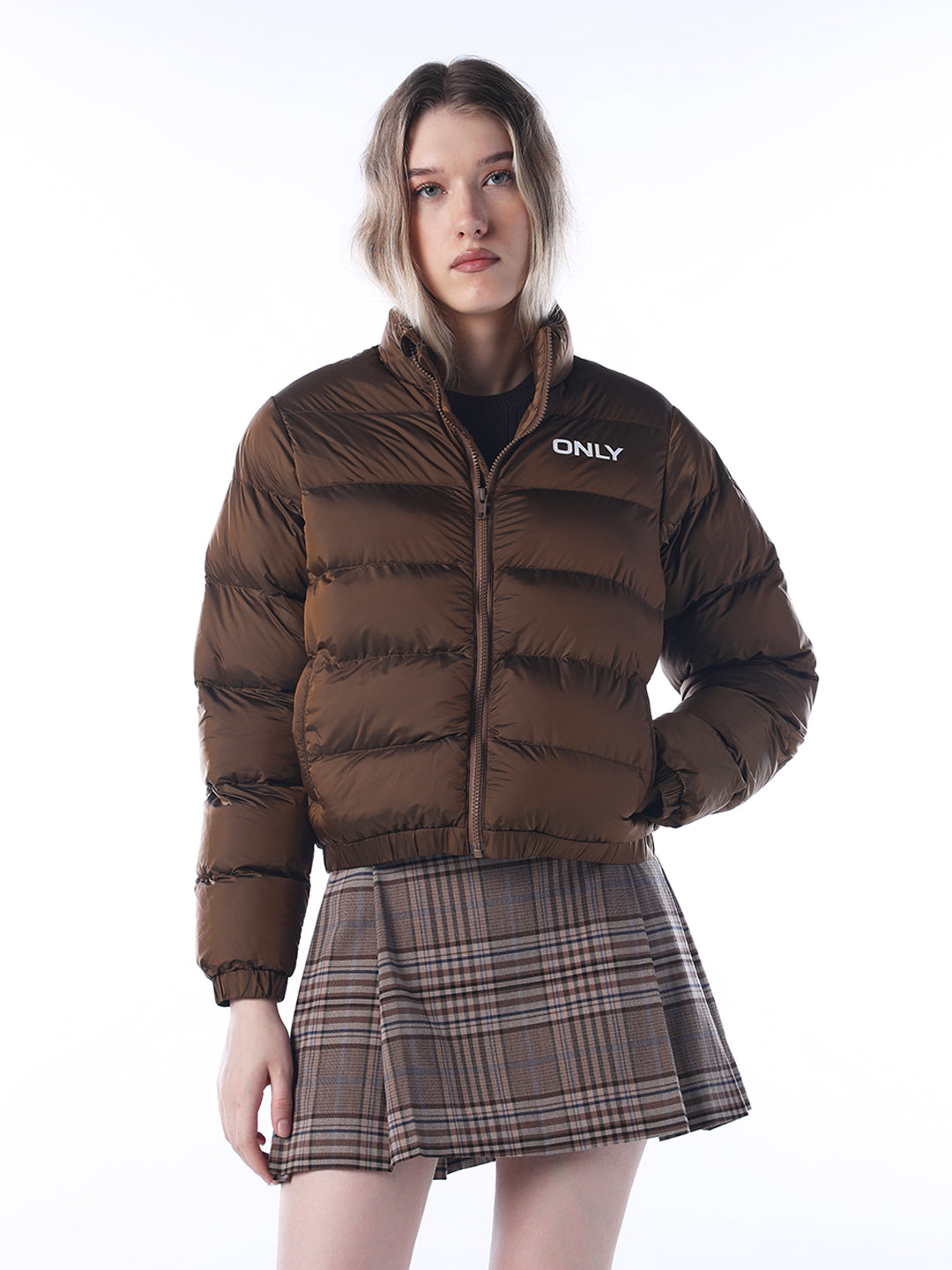 Logo Print High Neck Puffer Jacket - Brown