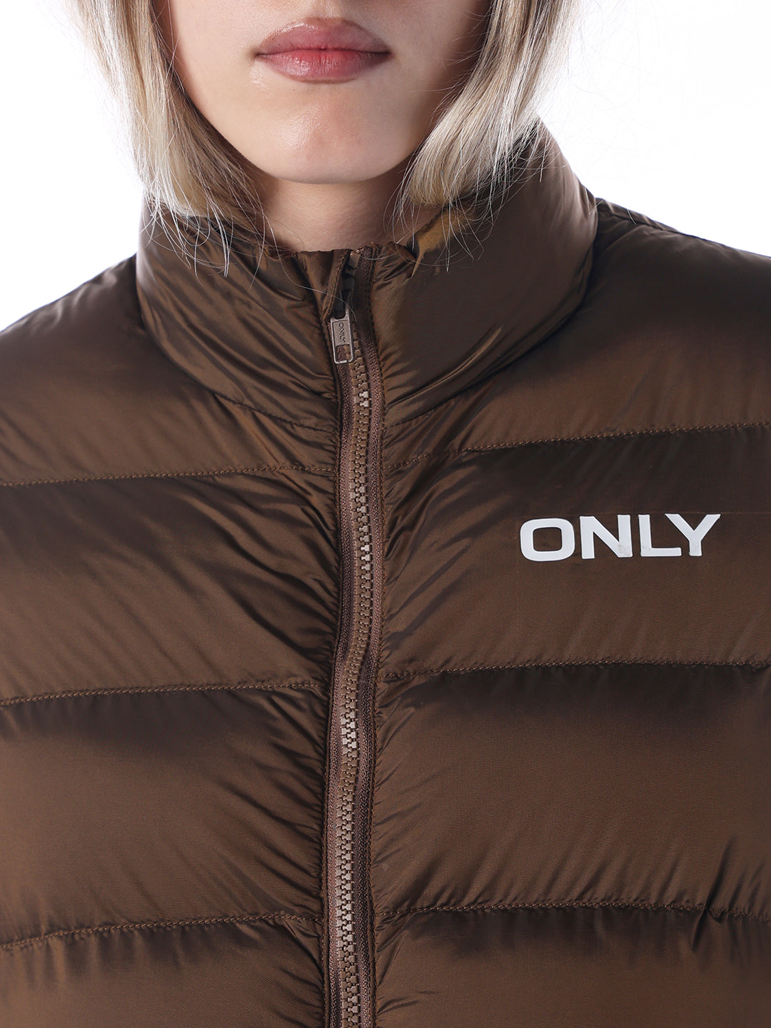 Logo Print High Neck Puffer Jacket - Brown
