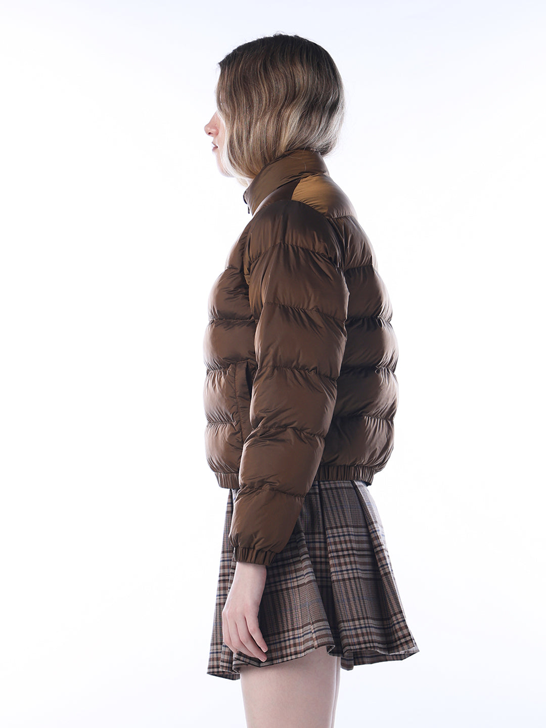 Logo Print High Neck Puffer Jacket - Brown