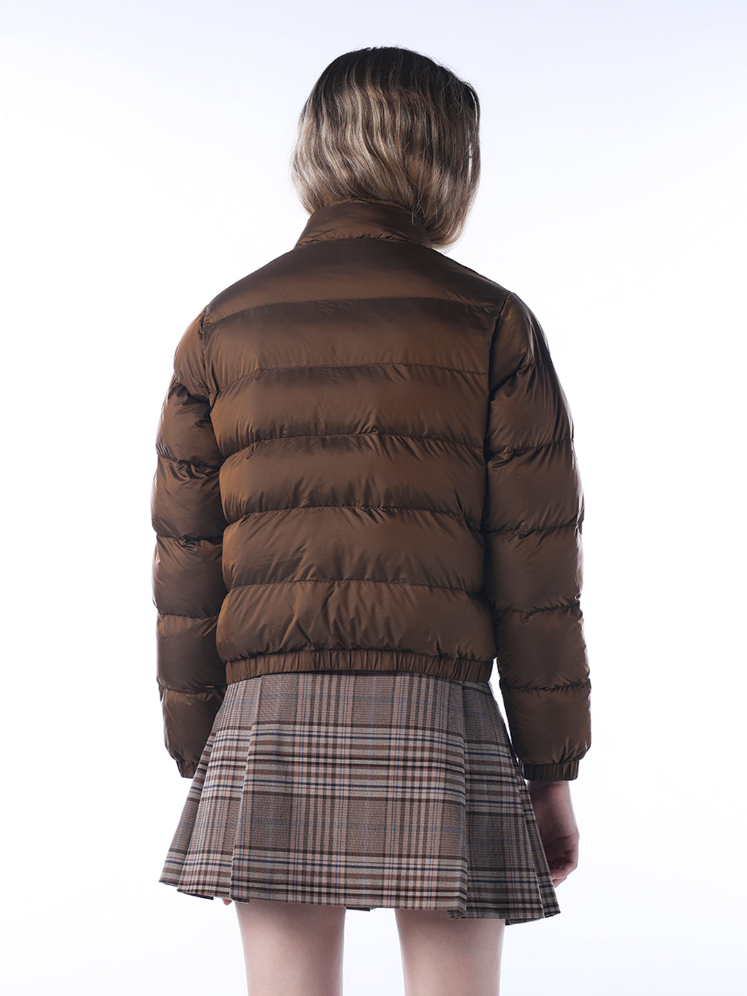 Logo Print High Neck Puffer Jacket - Brown