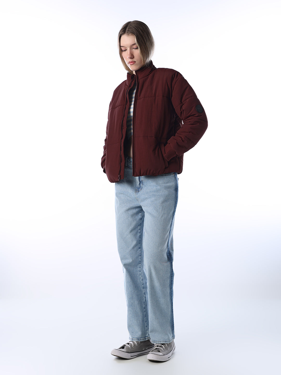 Maroon High Neck Puffer Jacket