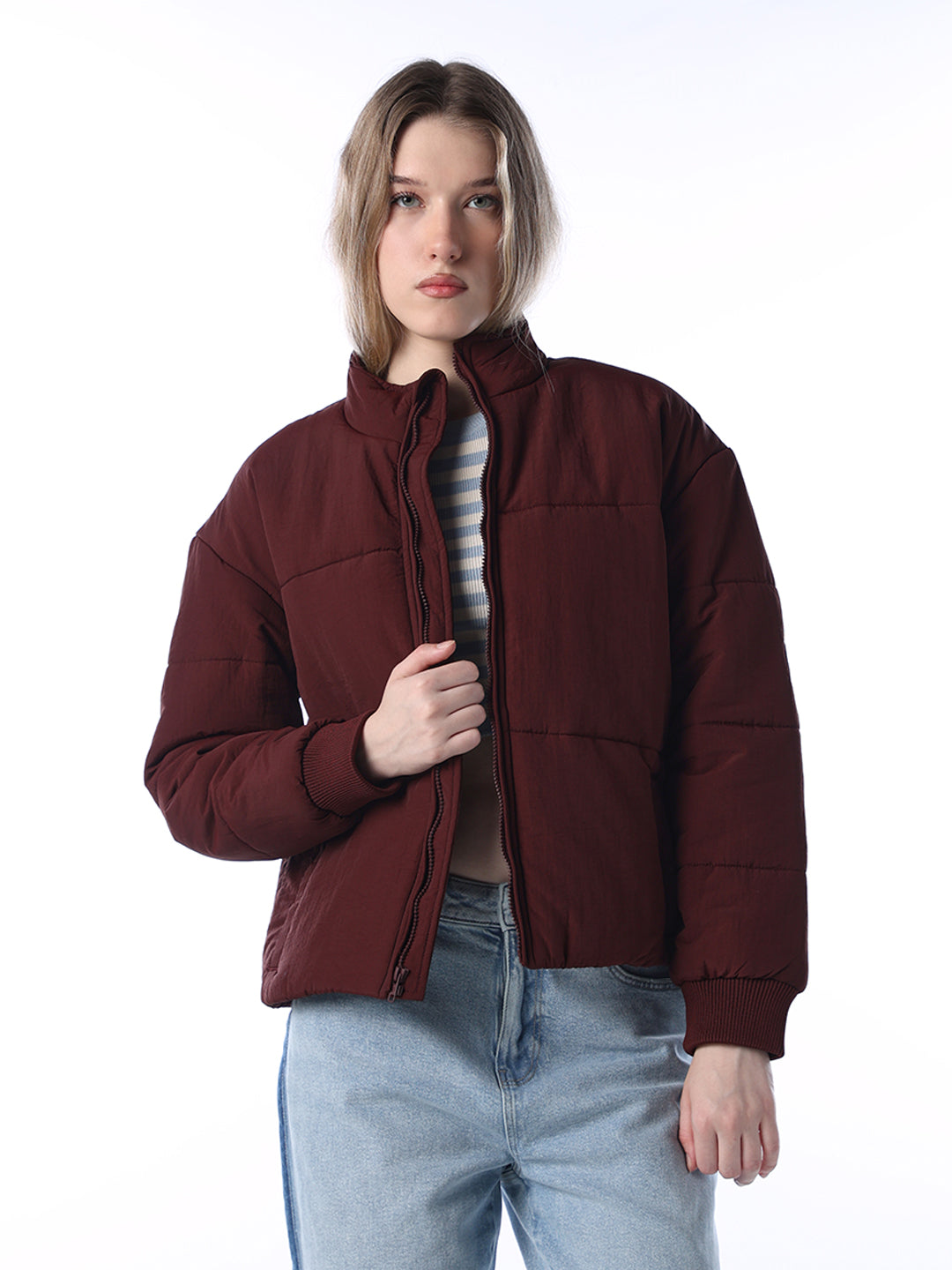Maroon High Neck Puffer Jacket