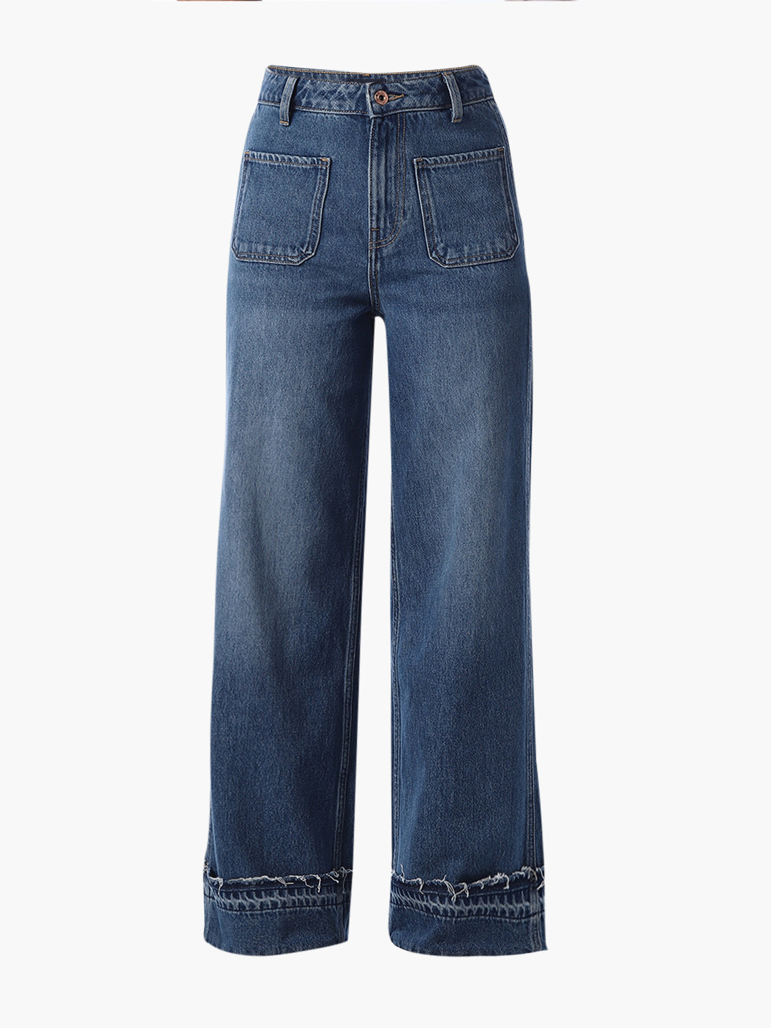 Raw Hem Wide Leg Jeans - Medium Blue