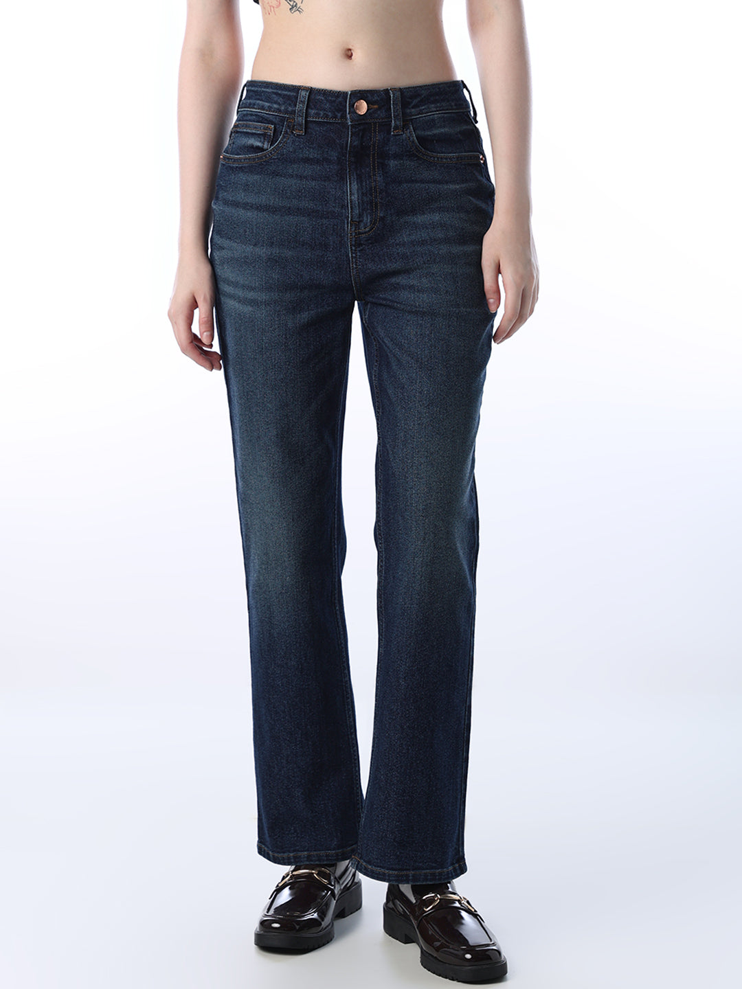 High Rise Straight Fit Jeans - Dark Blue