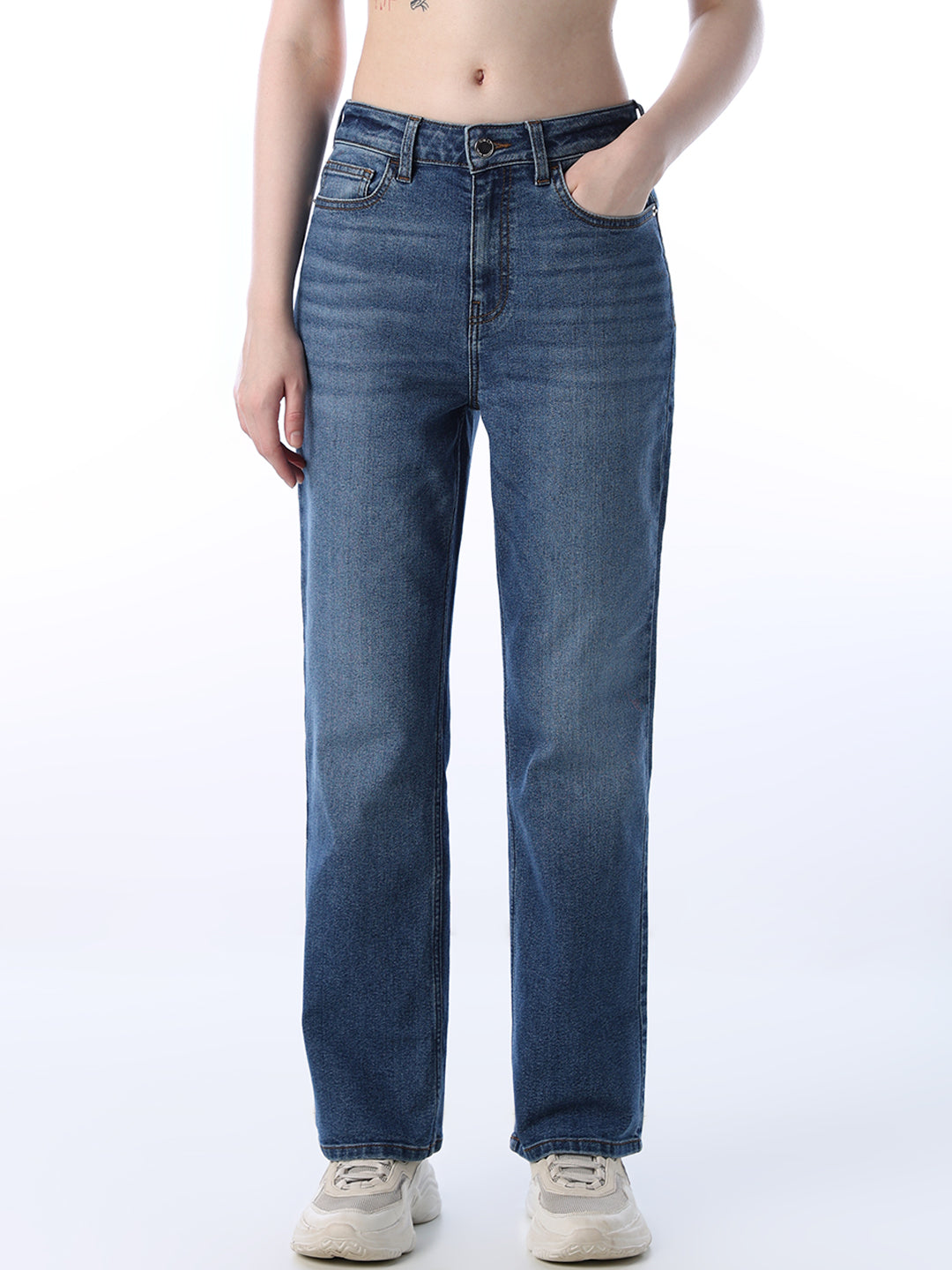 High Rise Straight Fit Jeans - Medium Blue