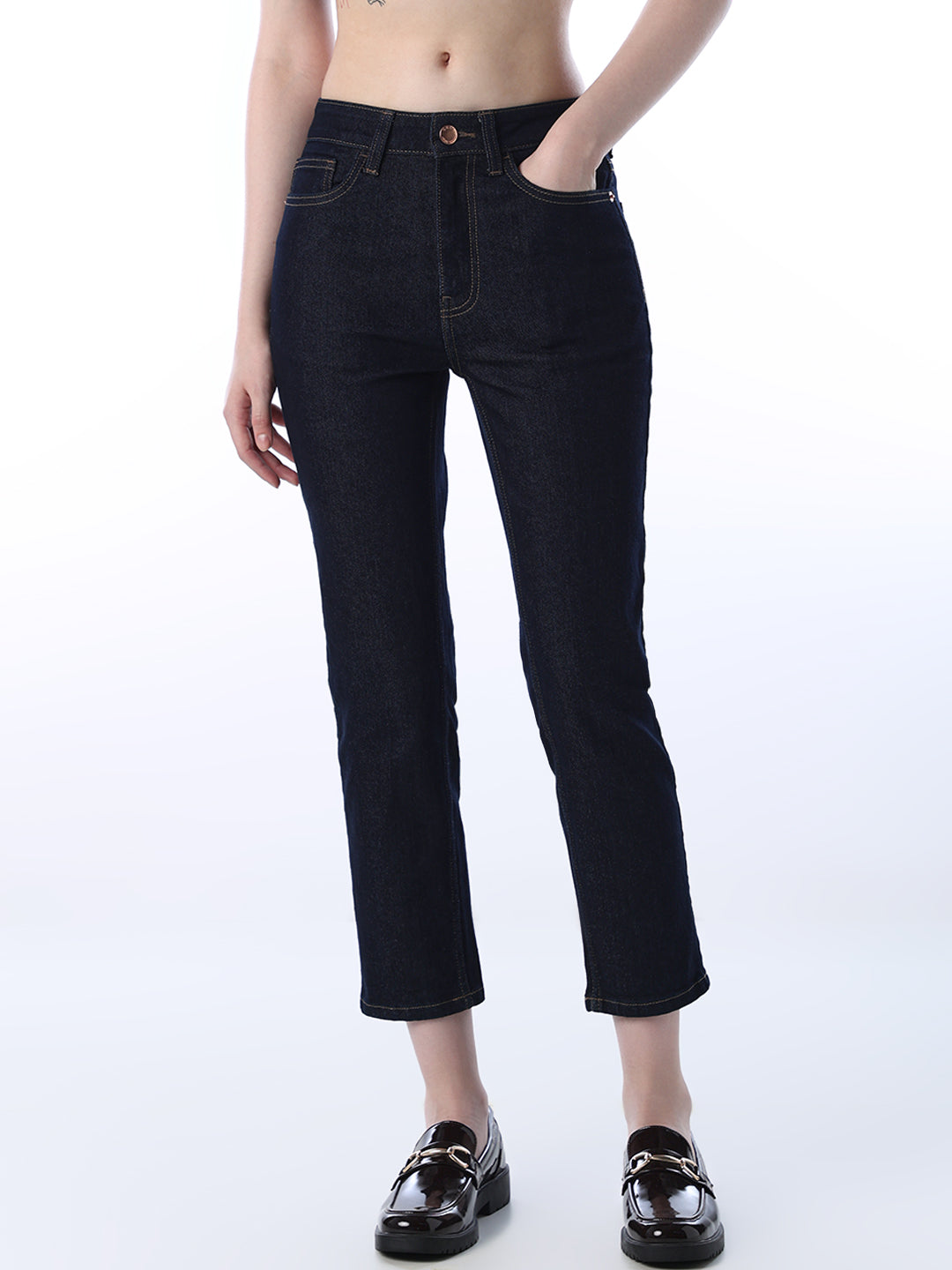 Cropped High Rise Straight Fit Jeans