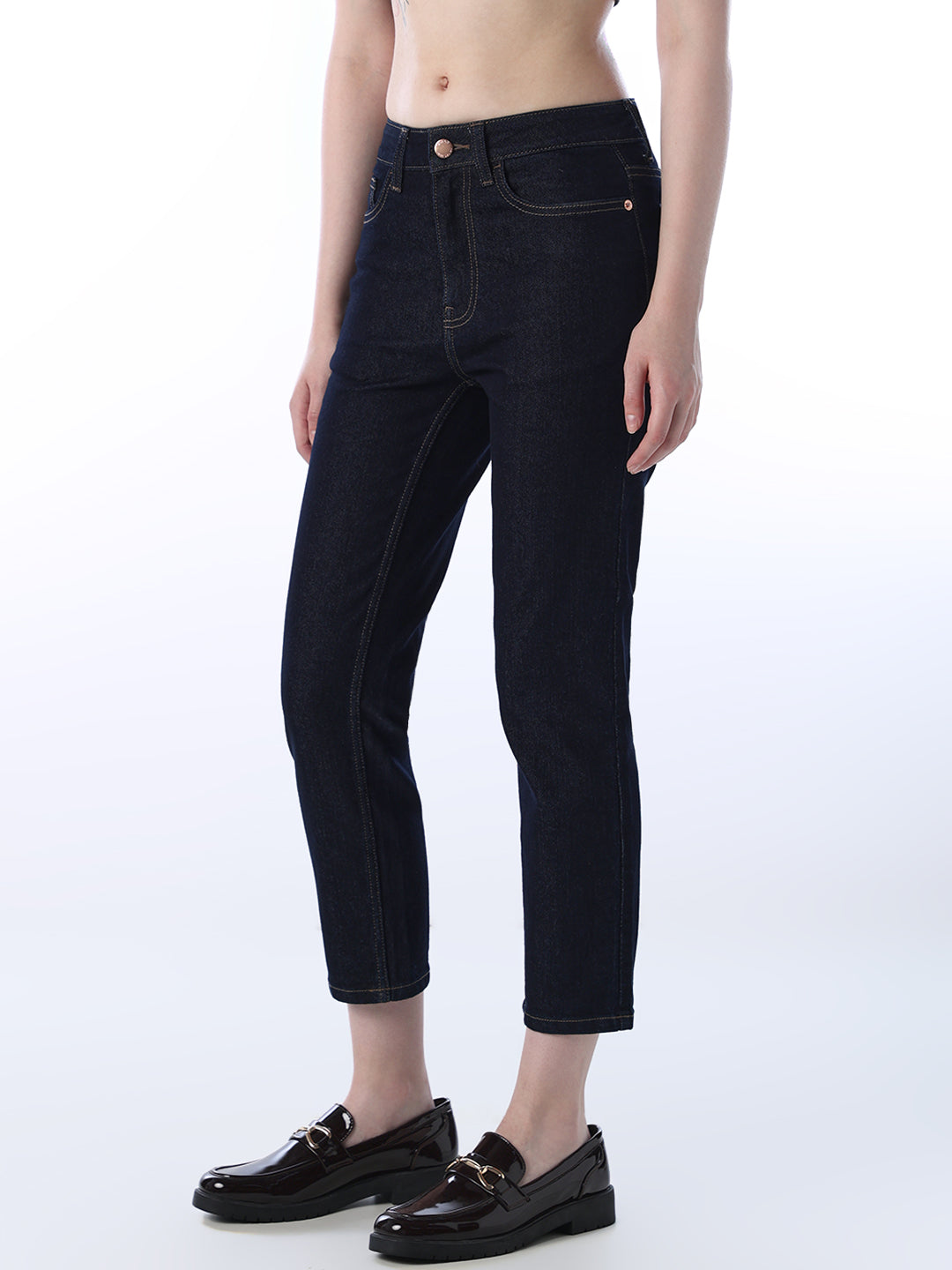 Cropped High Rise Straight Fit Jeans