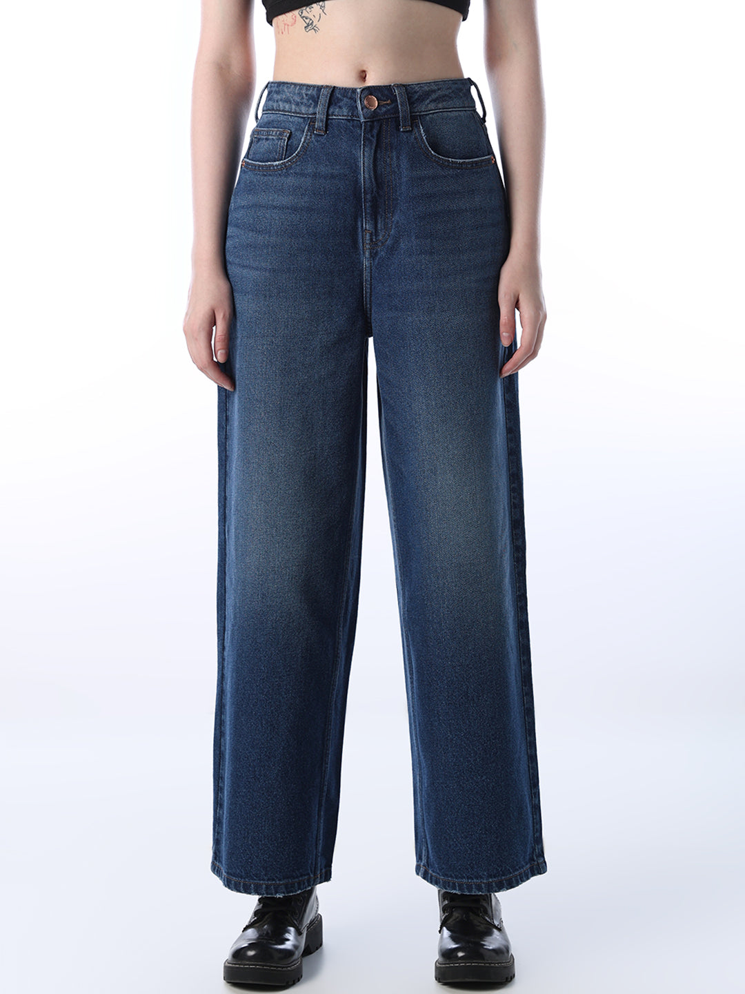 Wide Leg High Rise Jeans - Dark Blue