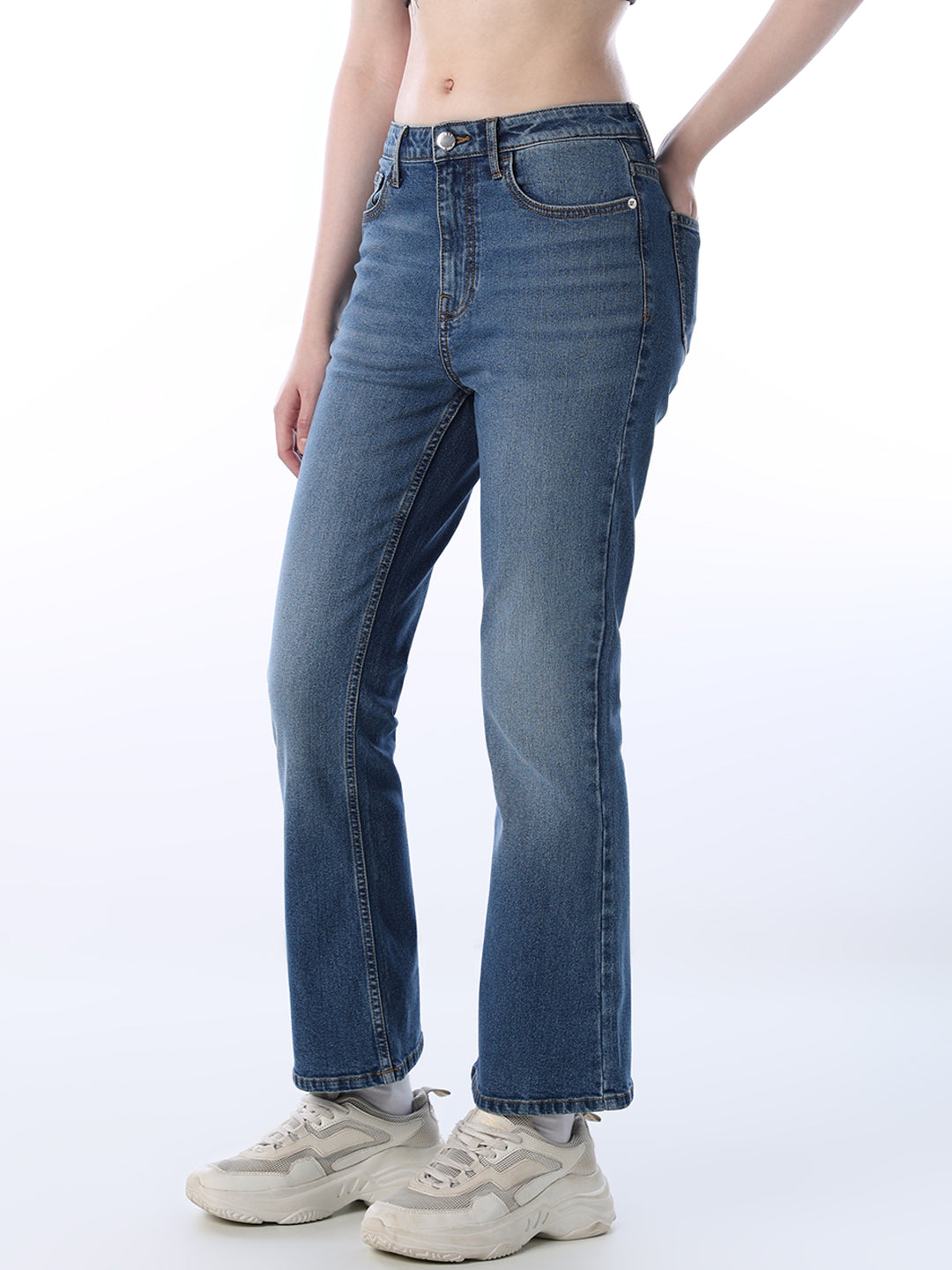 Flared High Rise Jeans - Medium Blue