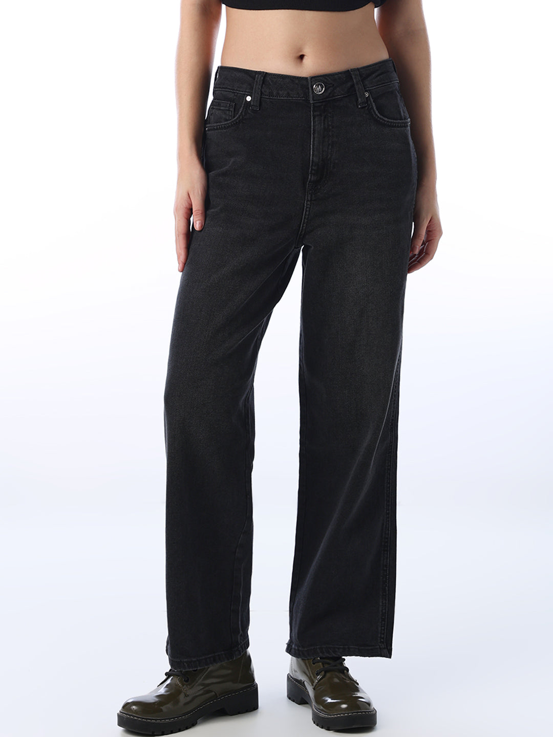 Dark Grey High Rise Straight Fit Jeans