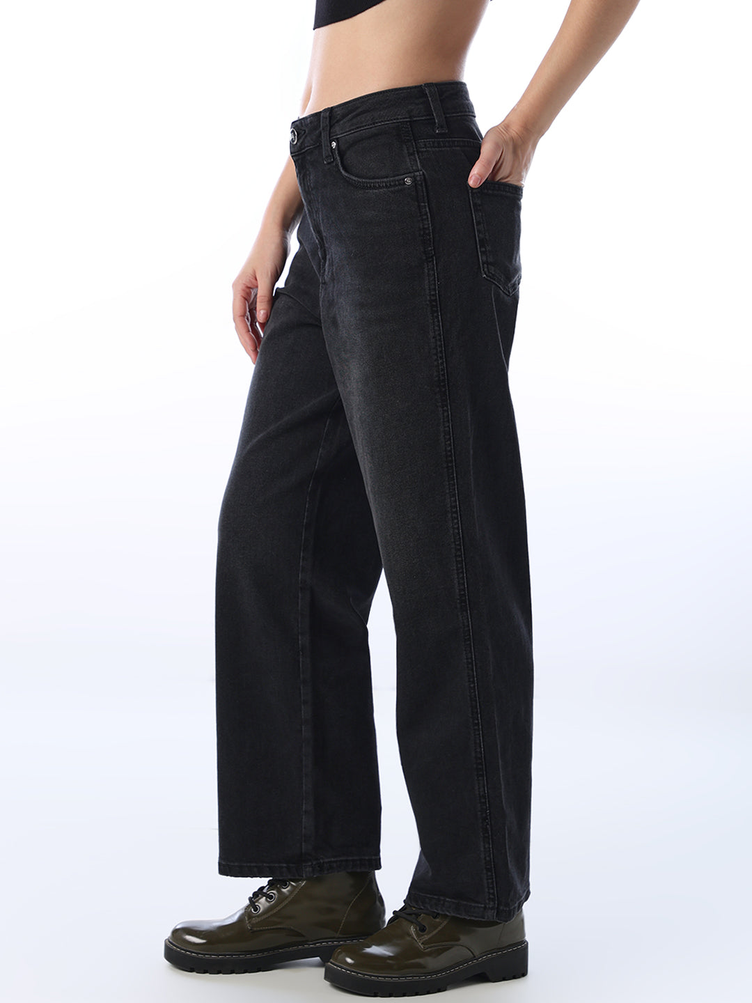 Dark Grey High Rise Straight Fit Jeans