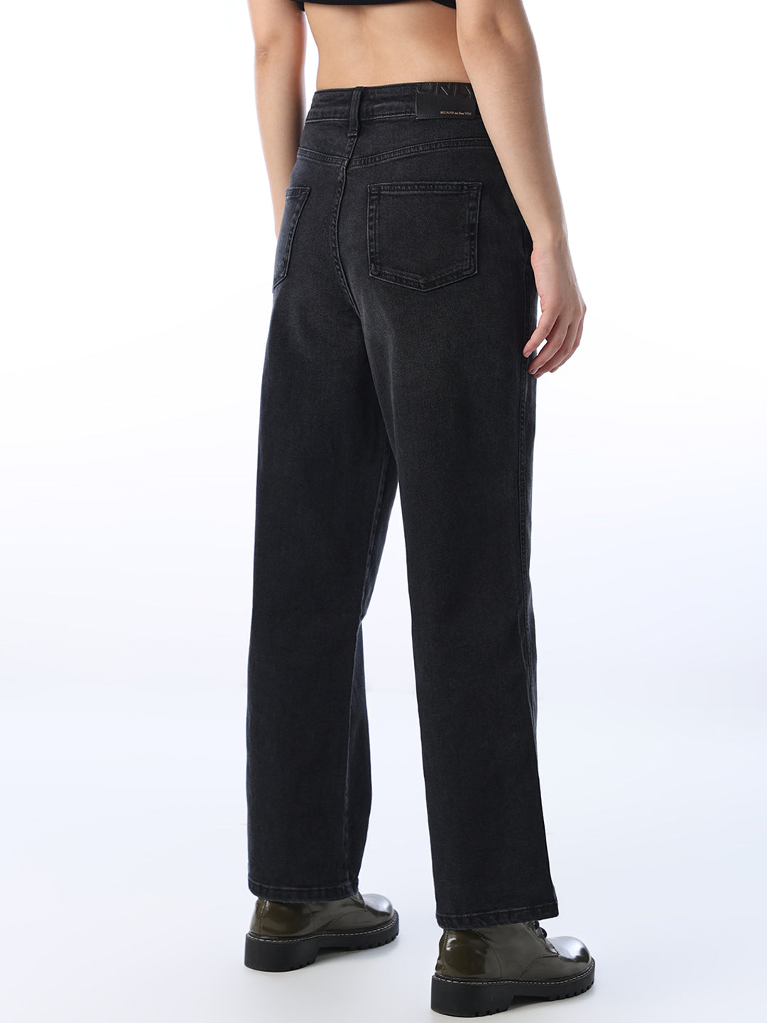 Dark Grey High Rise Straight Fit Jeans