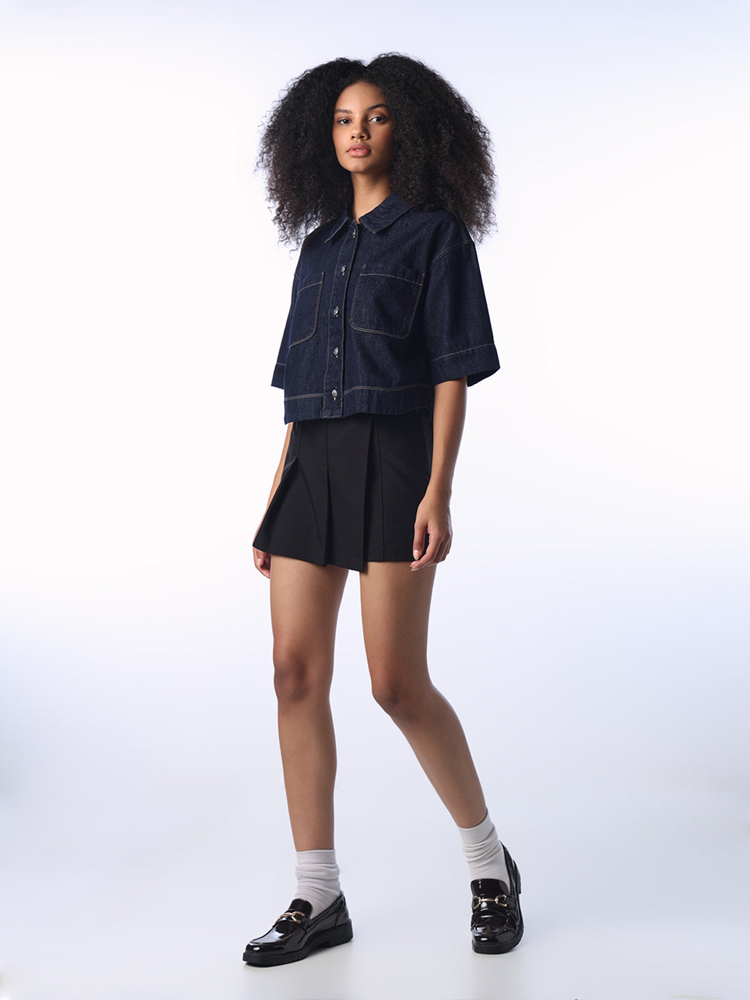 Dark Blue Cropped Denim Shirt