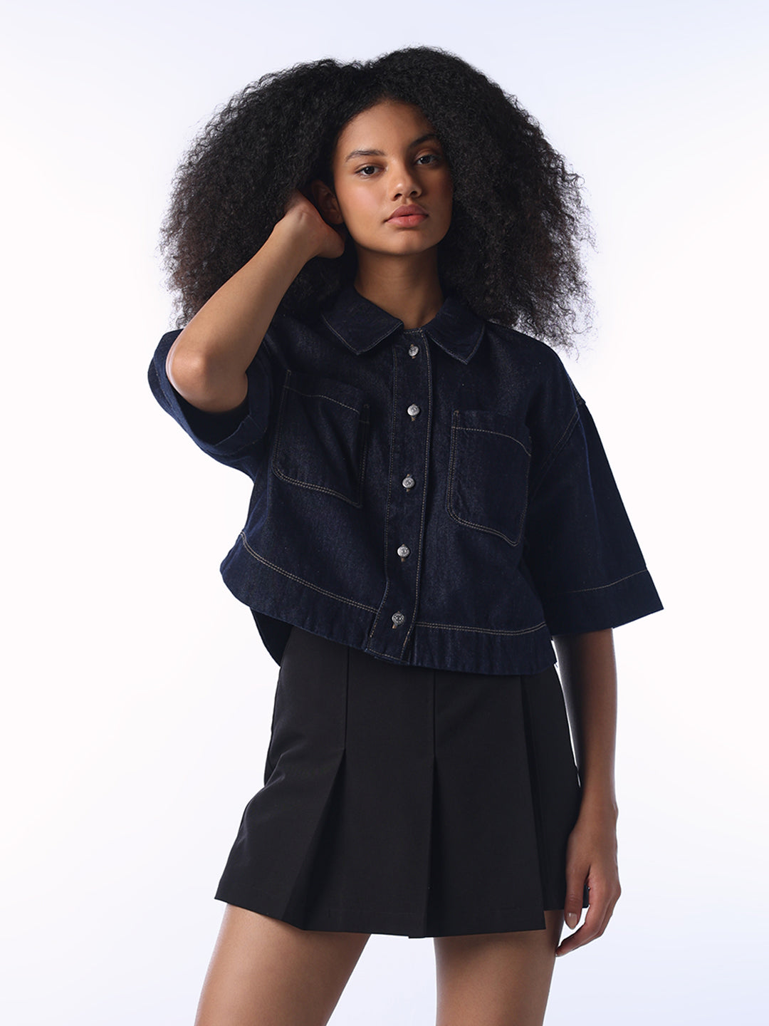 Dark Blue Cropped Denim Shirt