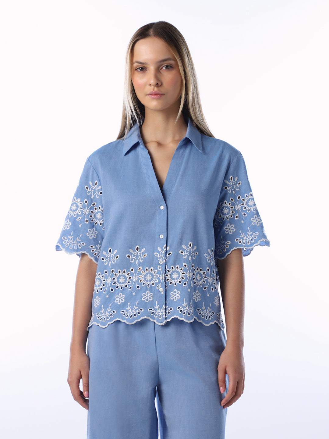 Blue Cotton Embroidered Shirt