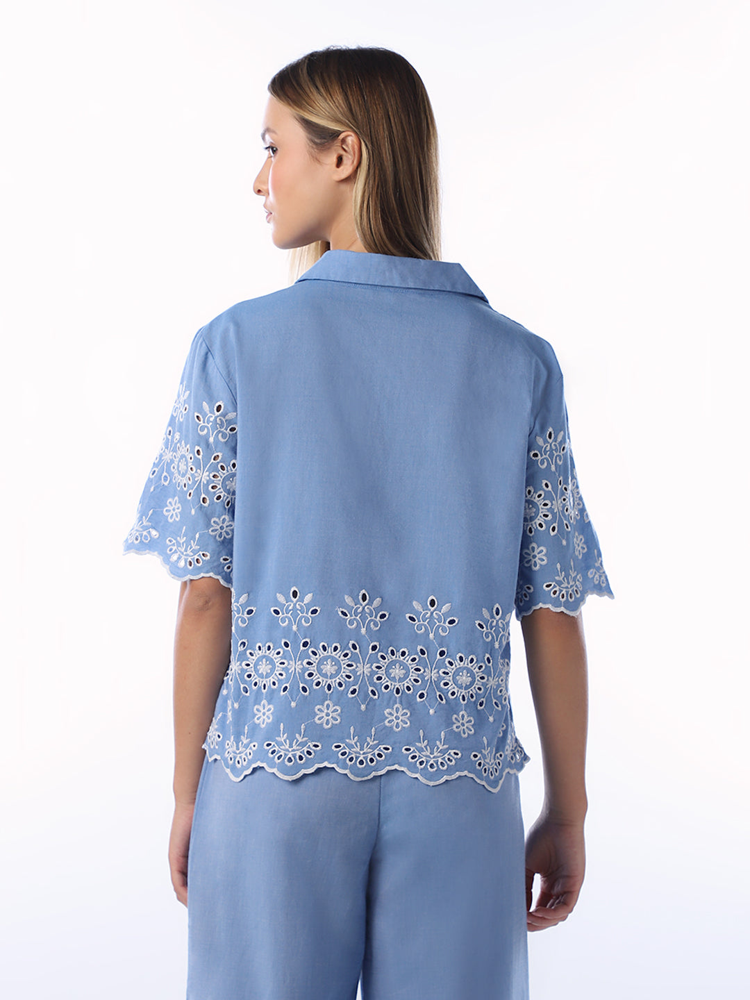 Blue Cotton Embroidered Shirt