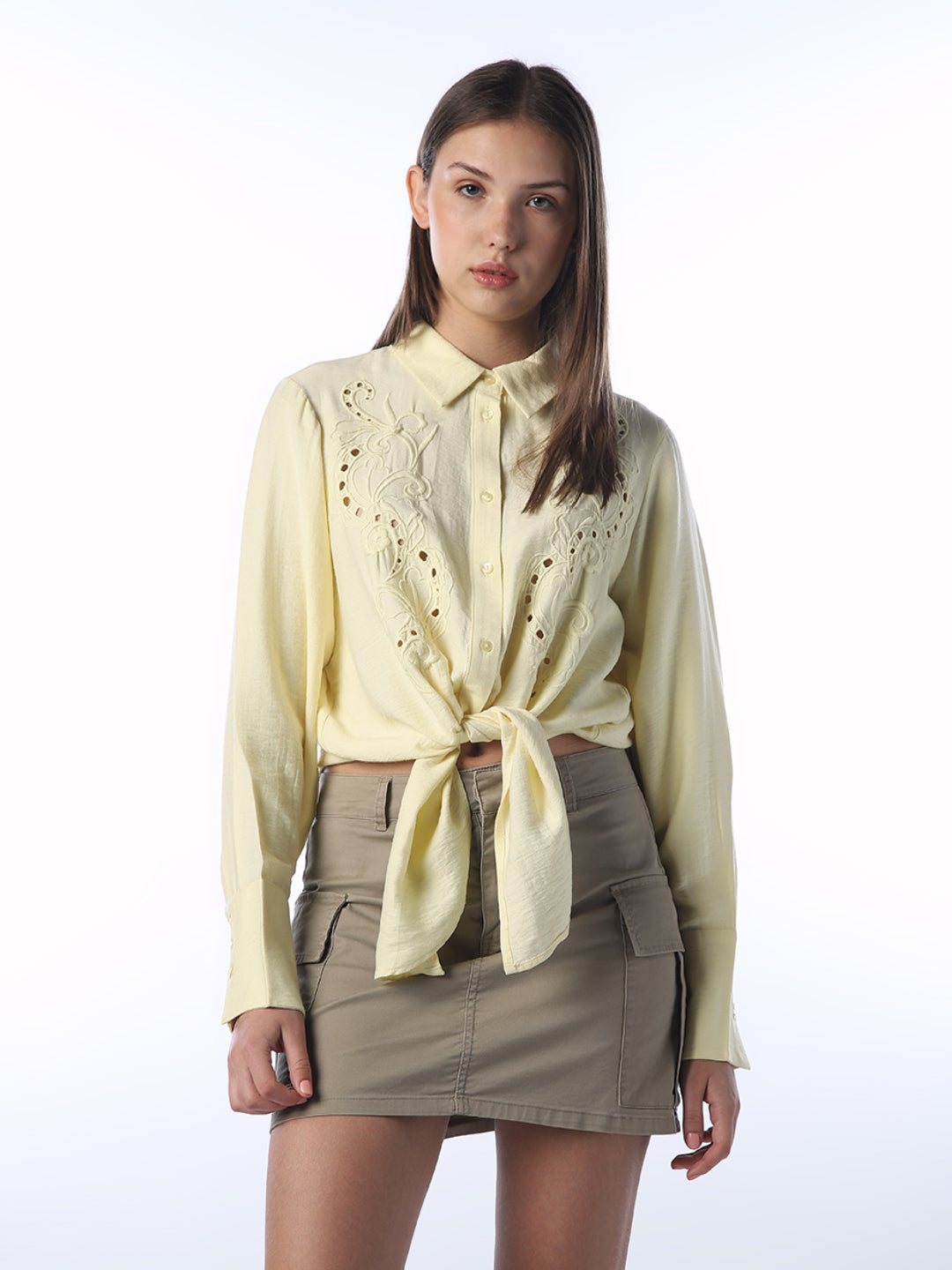 Embroidered Cropped Tie Shirt